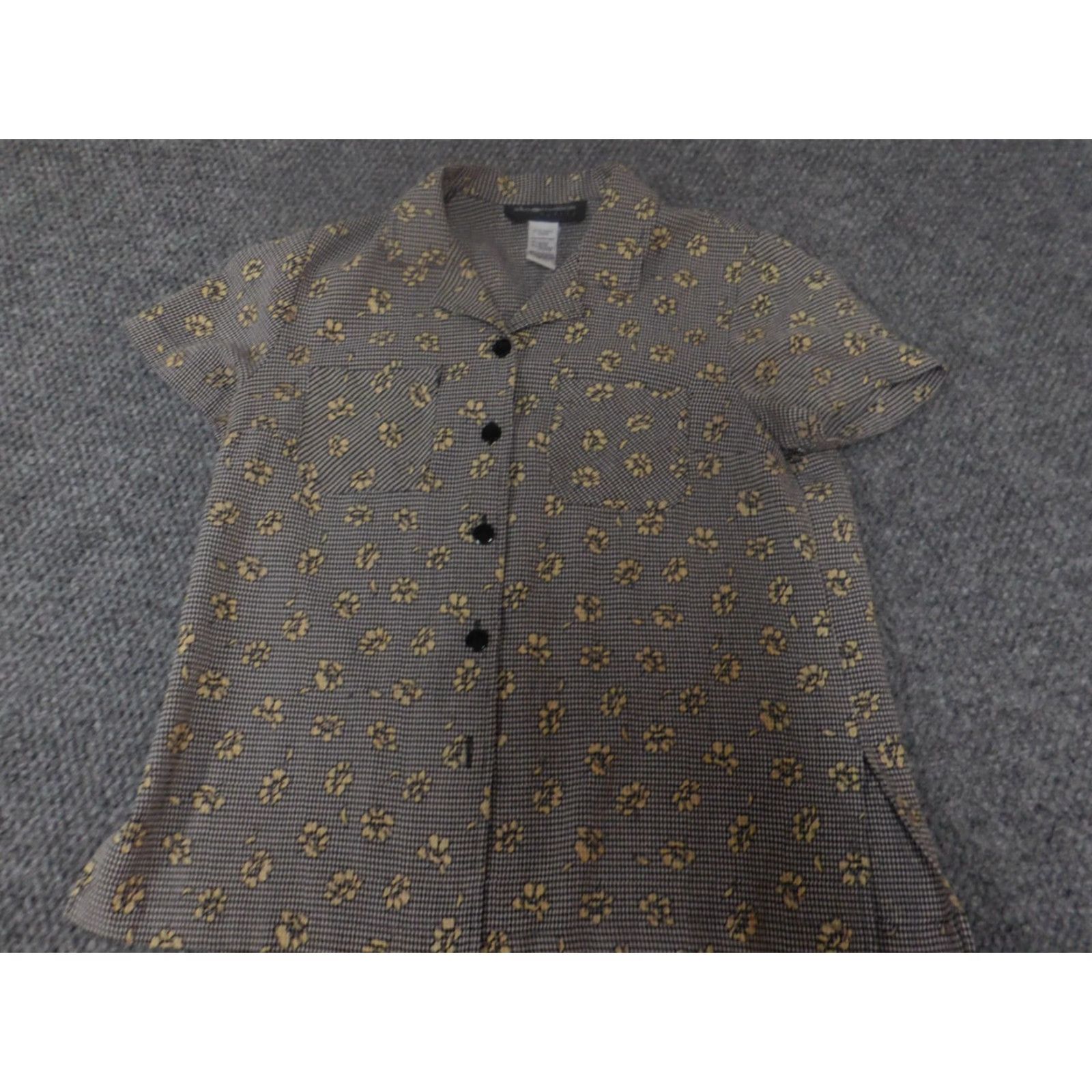 Vintage Sag Harbor Blouse Womens PXS Petites Gray Floral Button Down Cap Sleeve Crew Neck Ruffle Casual Classic - Pets? Size XS / US 0-2 / IT 36-38 - 3 Thumbnail