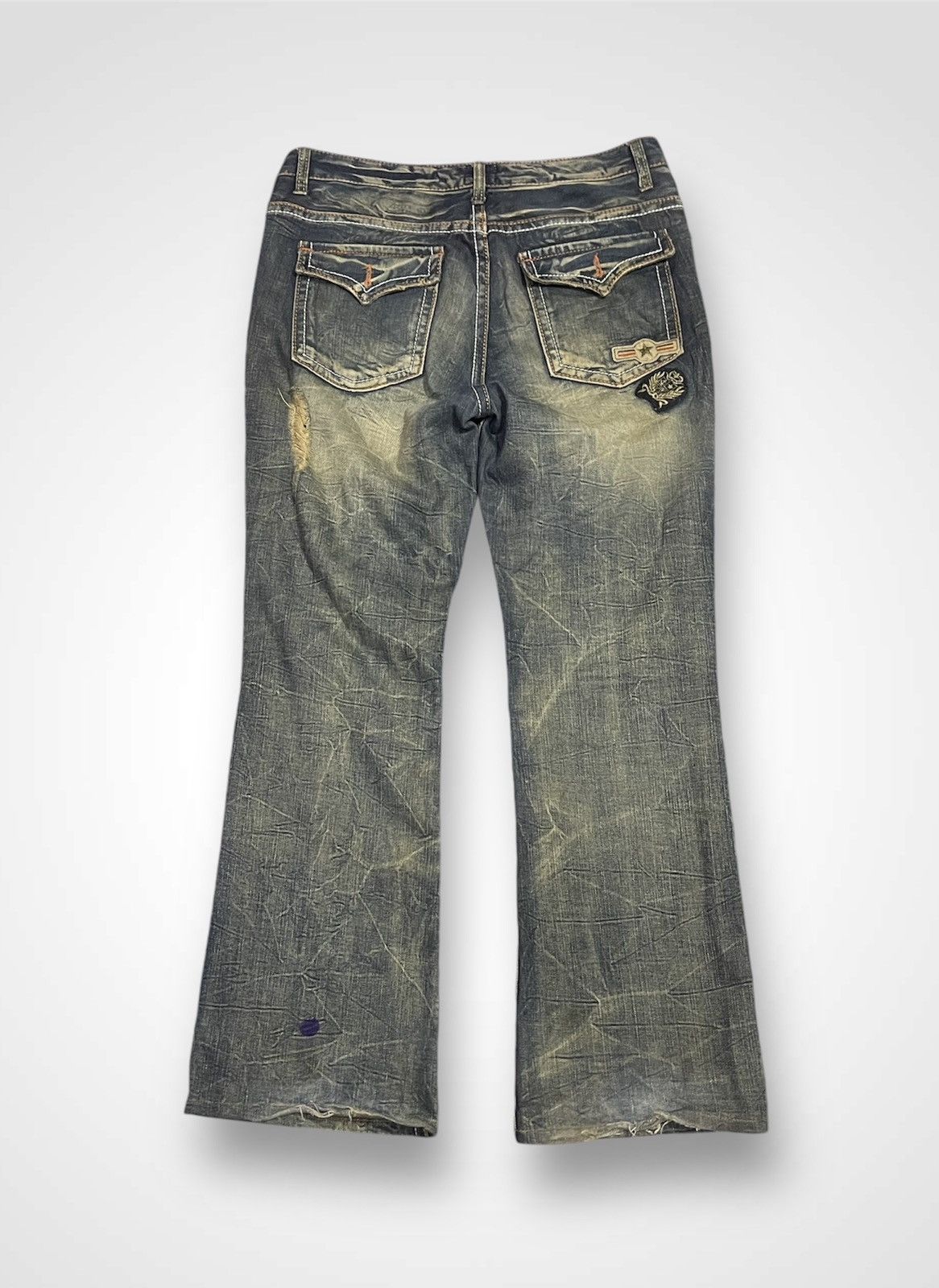 Japanese Brand Pin Ball Distressed Flare Jeans (14) Size US 35 - 2 Thumbnail