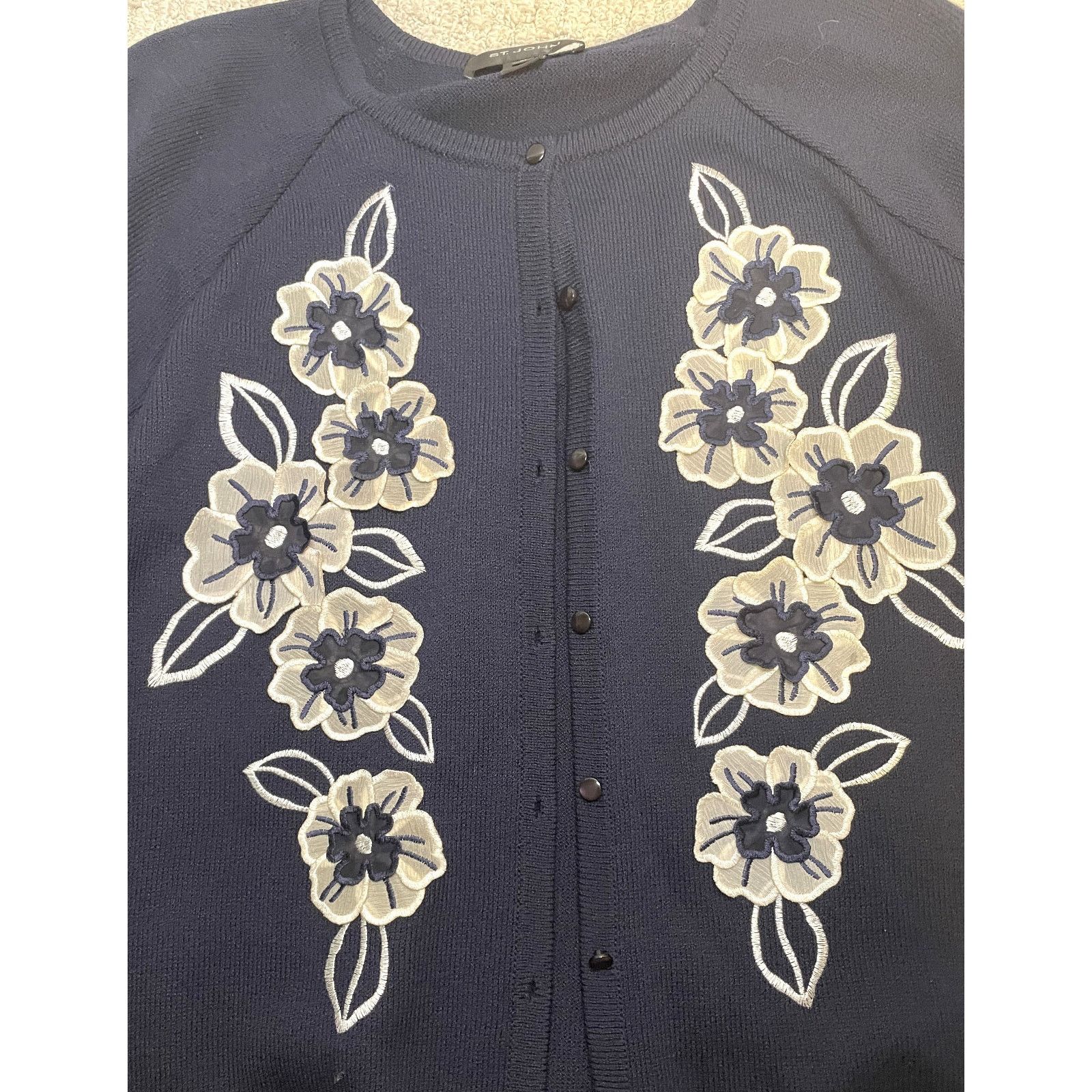 St. John St John Navy Blue White Floral Trim Cardigan Sweater XL Size XL / US 12-14 / IT 48-50 - 7 Thumbnail