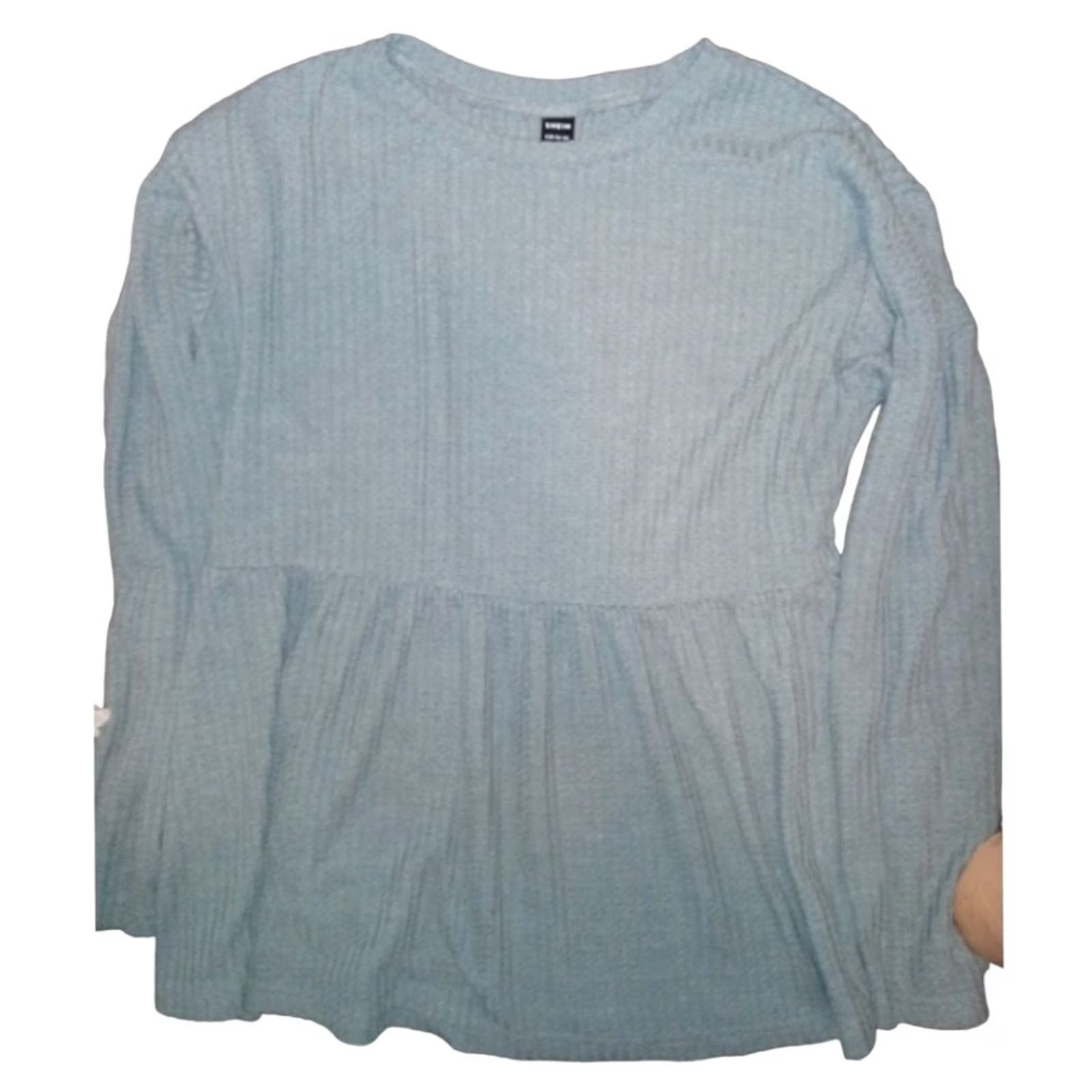 Shein SHEIN Waffle Knit Long Sleeve LARGE Blouse Women Blue Round Neck Cropped Knit Shirt L Size L / US 10 / IT 46 - 6 Thumbnail