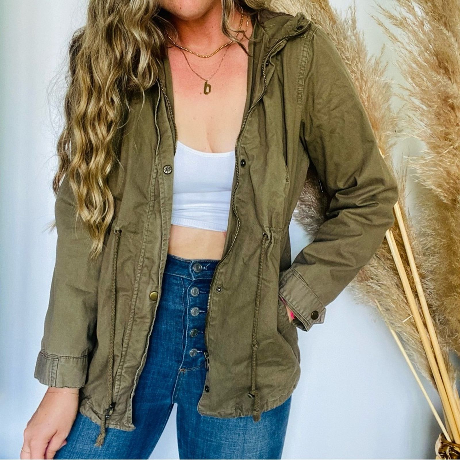 Urban Outfitters UO URBAN Olive Green Khaki Anorak Hooded Zip Tie Jacket Coat Size L / US 10 / IT 46 - 1 Thumbnail