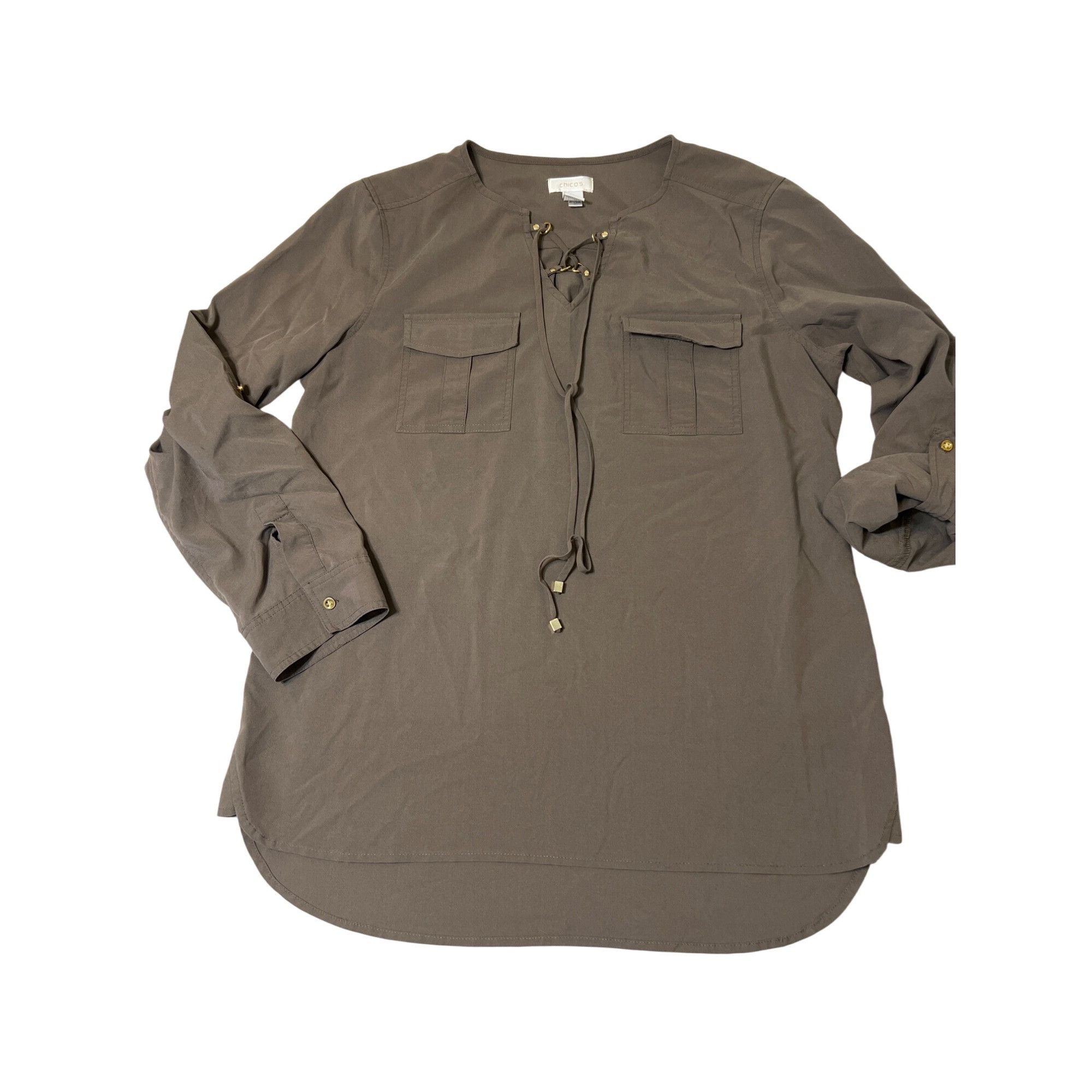 Chicos Chicos Secretly Smooth Linda Brown Lace-Up Blouse Shirt Roll Size XS / US 0-2 / IT 36-38 - 1 Thumbnail