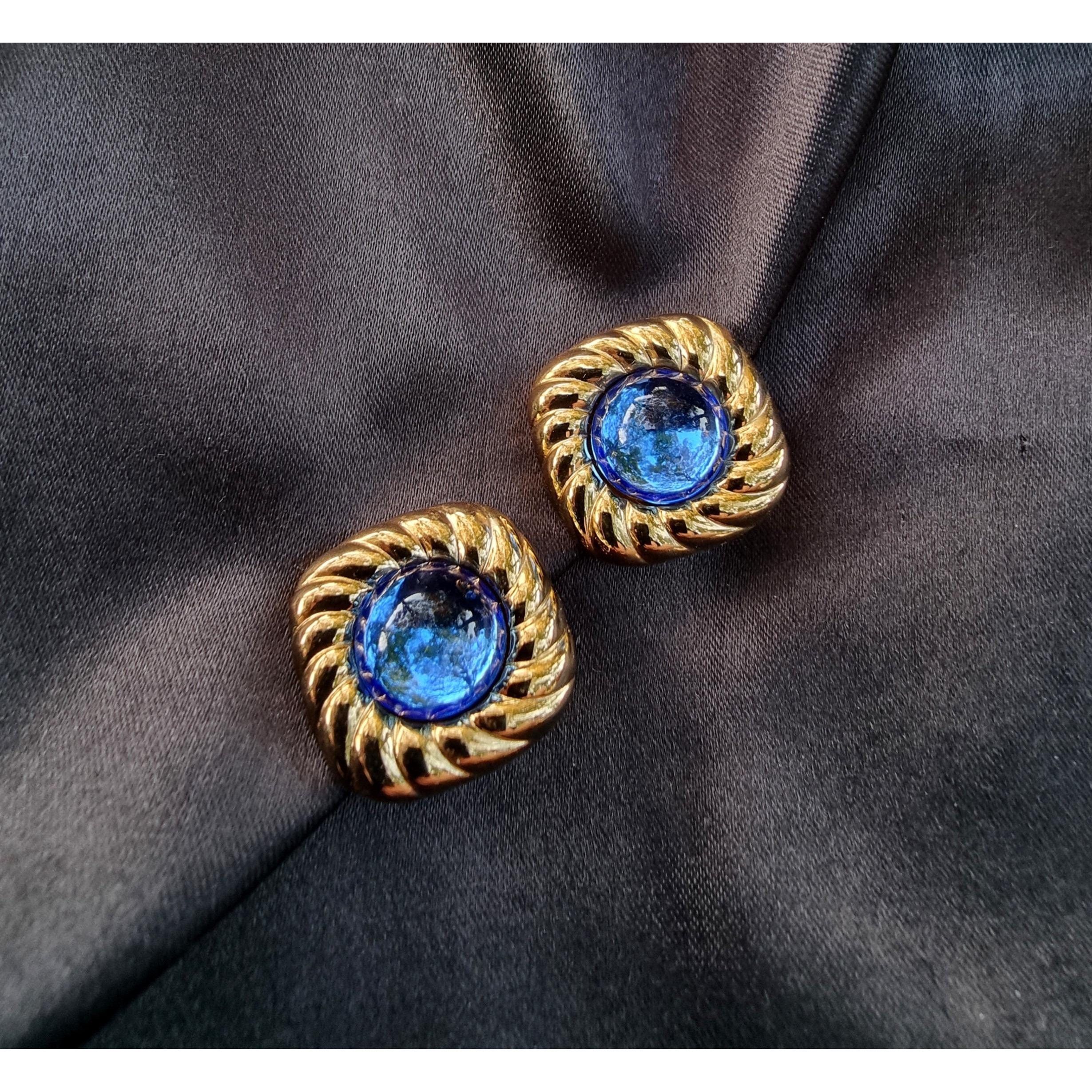 Vintage Rare Find Vintage Mogul Blue Glass 1980s Gold Tone Clip Earr Size ONE SIZE - 4 Thumbnail