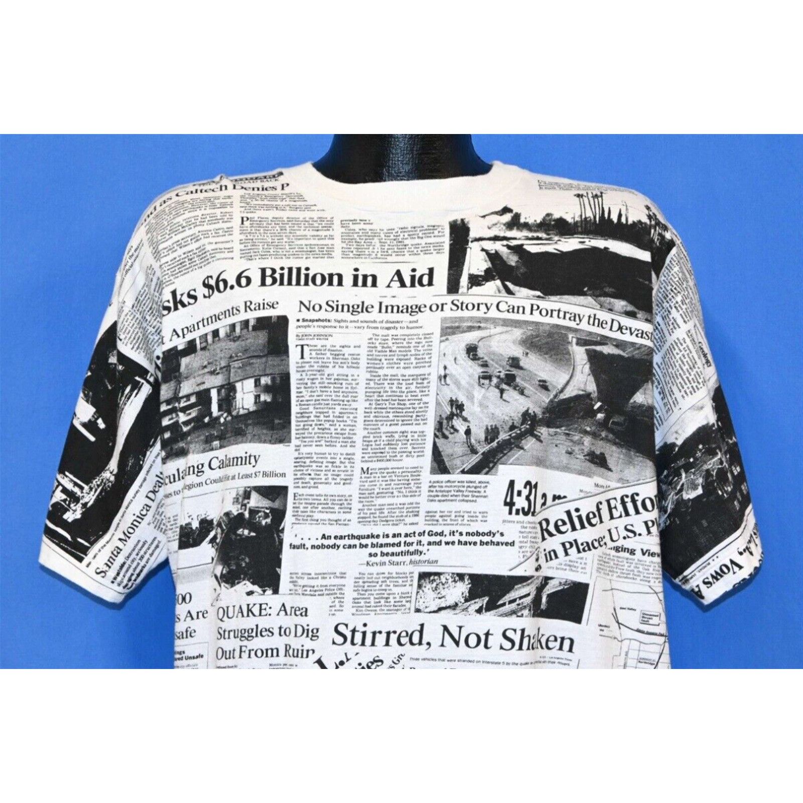 image of Gloverall VTG 90's Northridge Earthquake '94 Newspaper All Over Print California T-Shirt XL in Whit