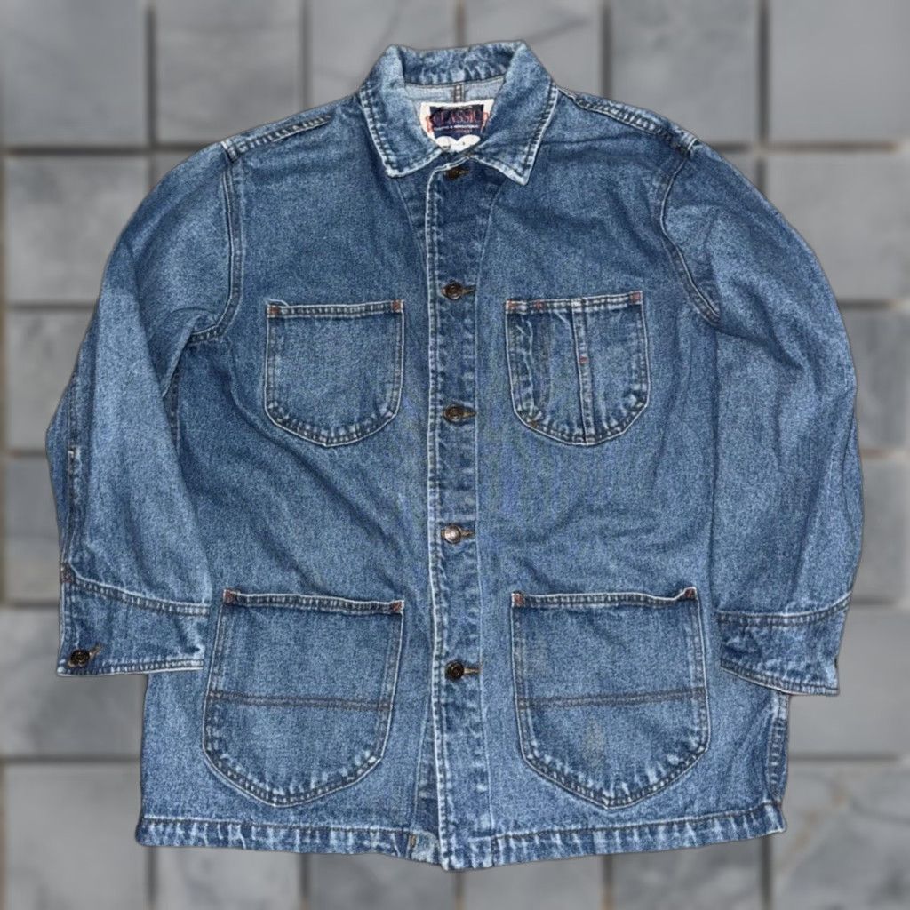 Vintage VINTAGE Classic Jeans Denim Chore Jacket Blue Workwear Utility Coat 21x28 Large Mens Regular L Cotton 100% Button Jeans Size US 33 - 1 Thumbnail