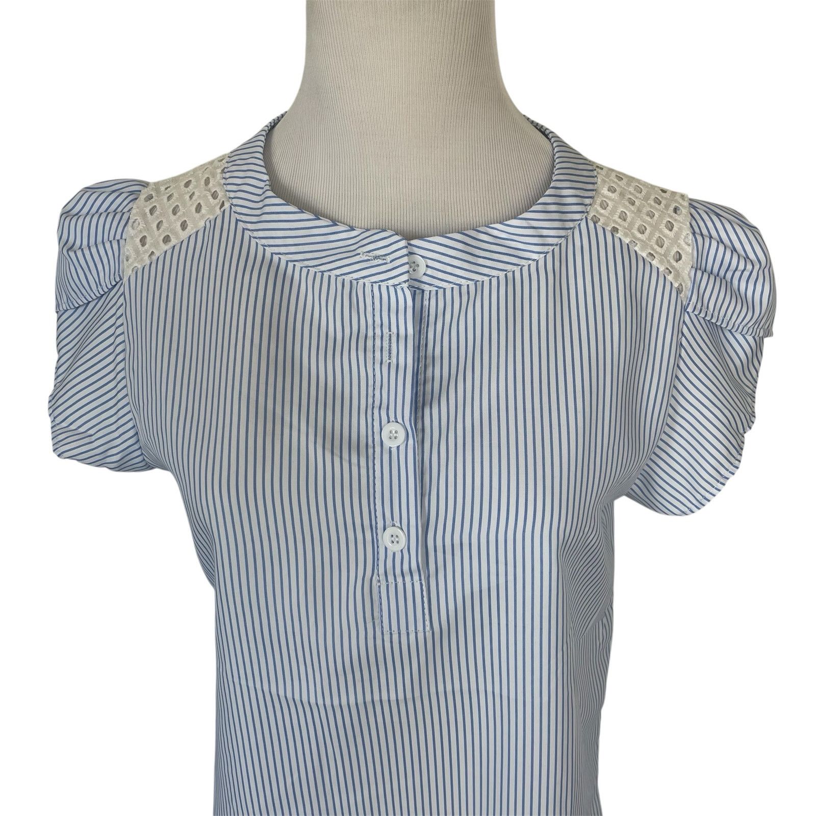Other Blue & White Stripe Button Down Blouse Lace Short Sleeve Top Size M / US 6-8 / IT 42-44 - 6 Thumbnail