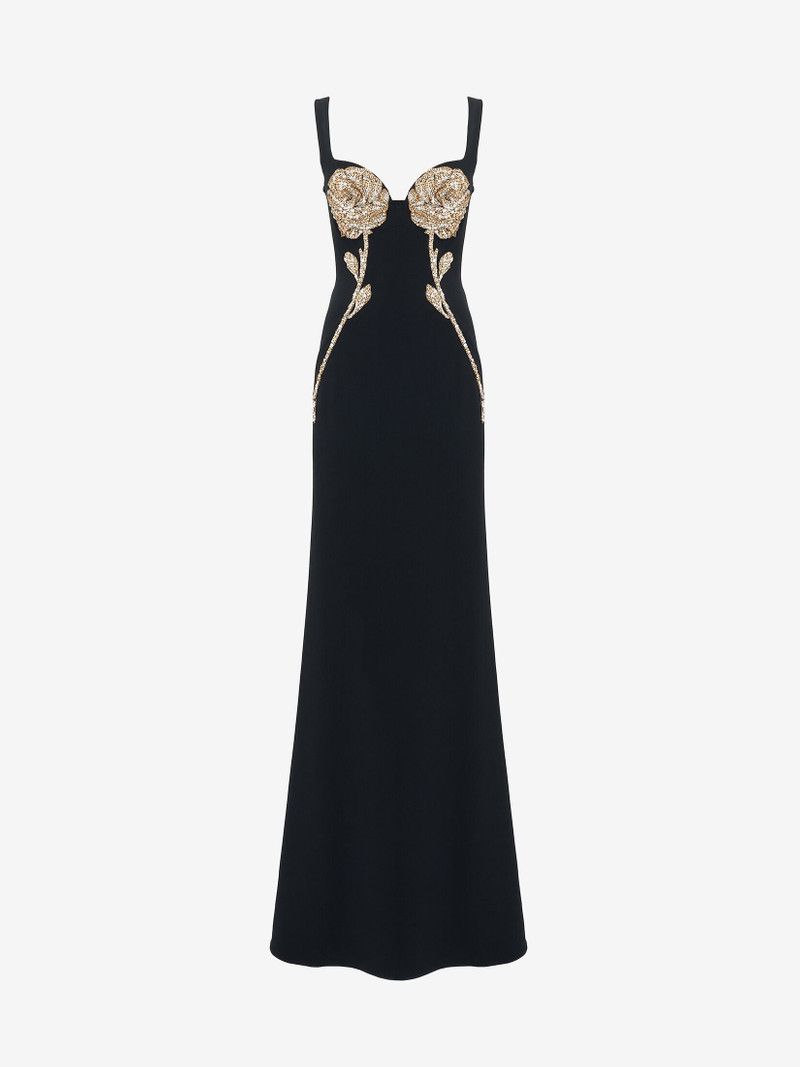 Alexander McQueen o1srvl11e0326 Rose Embroidery Evening Dress in Black Size L / US 10 / IT 46 - 1 Thumbnail
