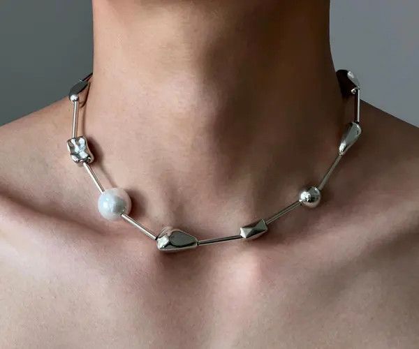 Jewelry Silver Geometric Pearl Accent Necklace, Modern Jewelry Size ONE SIZE - 2 Thumbnail