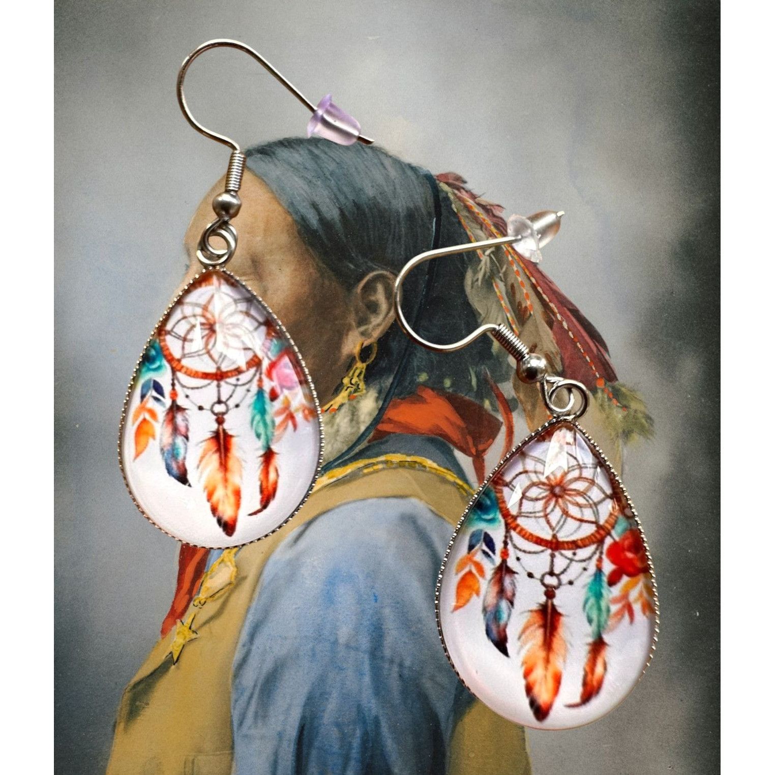 Handmade Native American Dreamcatcher Earrings New Teardrop Feathers Size ONE SIZE - 10 Thumbnail