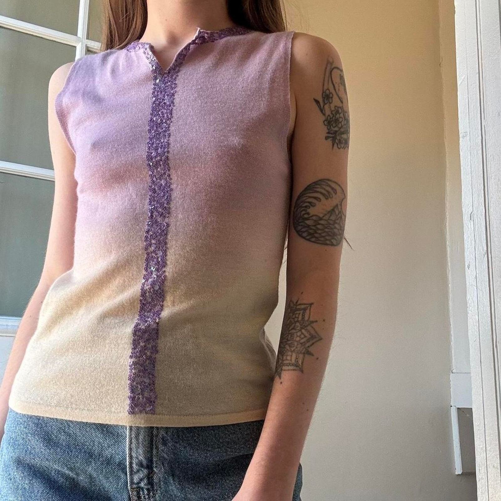 Express Vintage Express Y2K Purple Yellow Cashmere Sequined Sweater Size S / US 4 / IT 40 - 1 Thumbnail