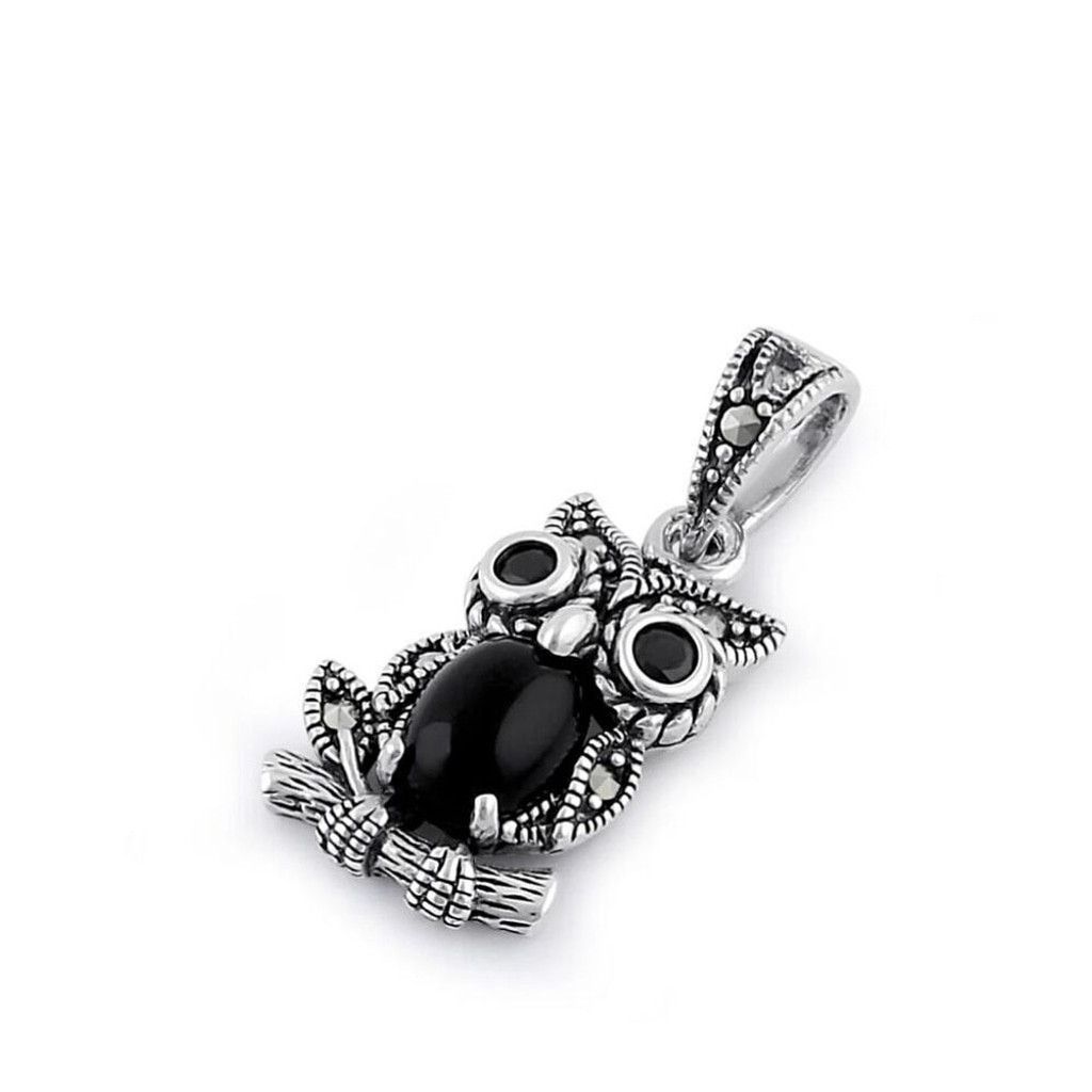 Other Sterling Silver Onyx and Dark Garnet Owl Marcasite Pendant Size ONE SIZE - 1 Thumbnail