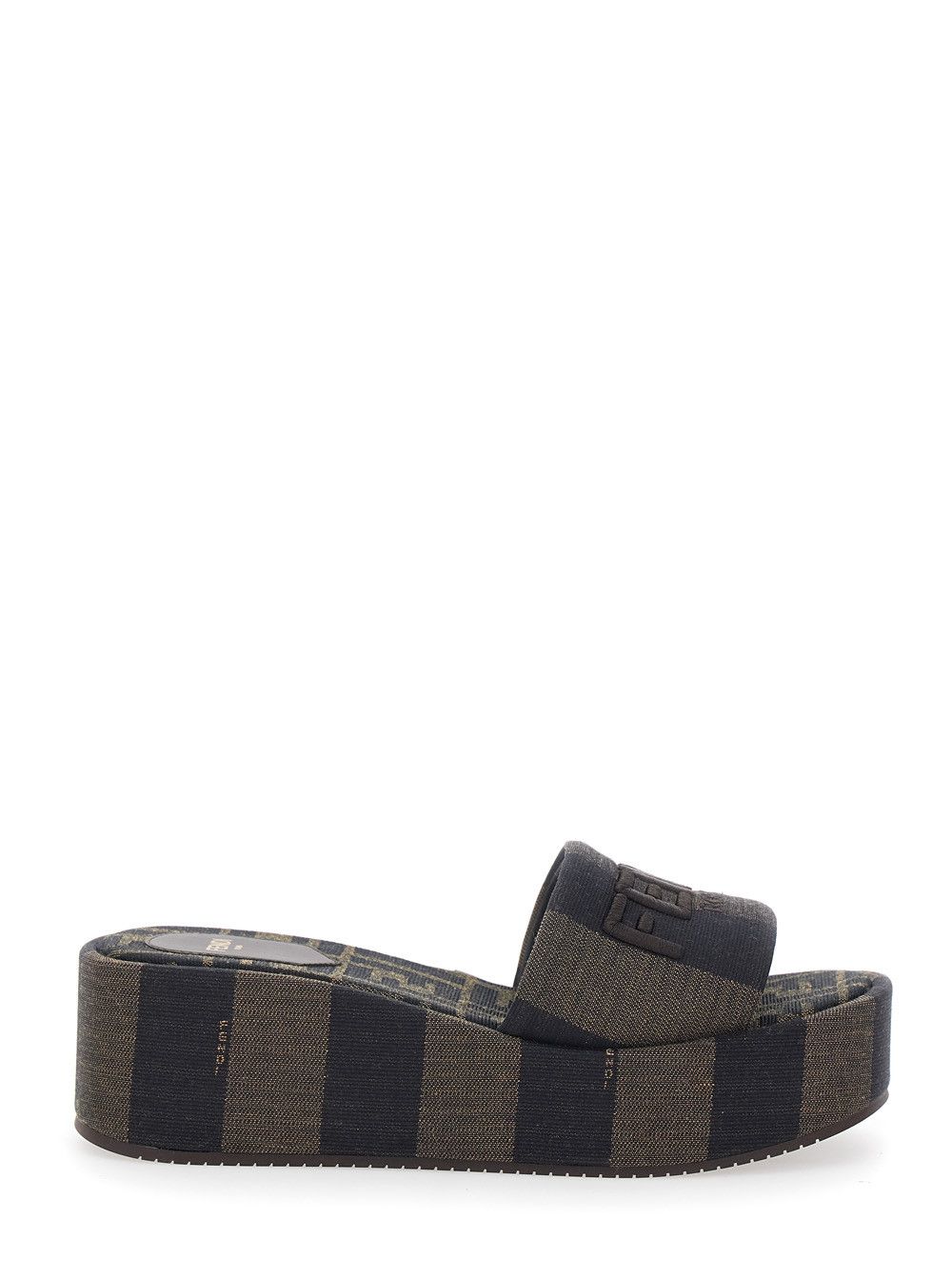 Fendi Brown Wedges with Logo Lettering on the Strap and FF All-Over Motif in Cotton for Women Size US 7 / IT 37 - 1 Thumbnail