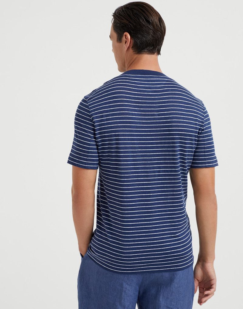 Brunello Cucinelli o1la1rc1a0326 Striped Linen Stretch Boat Neck T-Shirt Blue Size US L / EU 52-54 / 3 - 2 Thumbnail