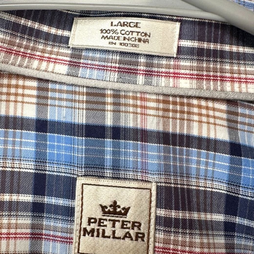 Peter Millar Peter Millar Shirt Mens Large Blue Brown Plaid Button-Down Casual Long Sleeve Regular Fit Mens Wool Cotton Button-Up Shirt Size US L / EU 52-54 / 3 - 5 Thumbnail