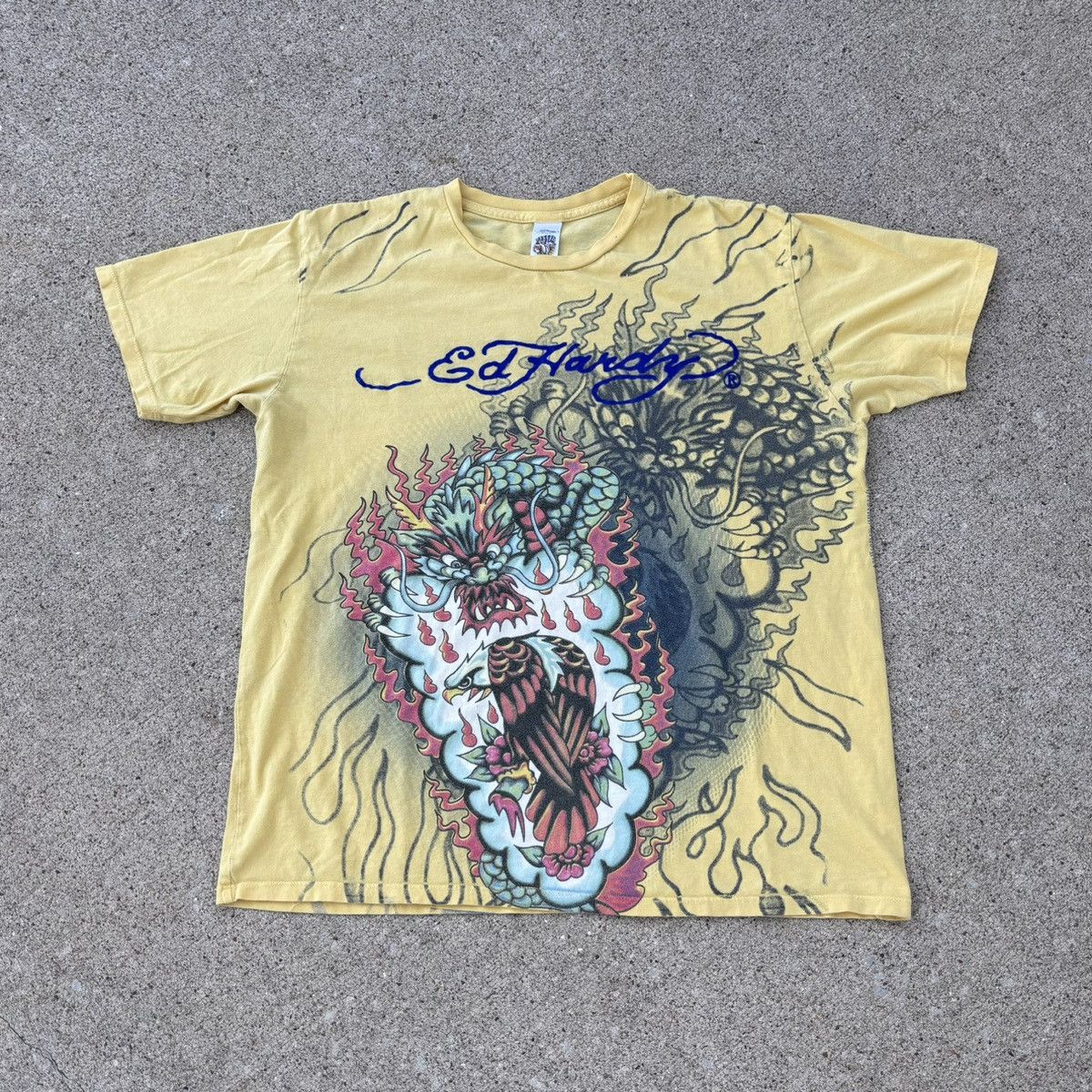 image of Crazy Y2K Ed Hardy Dragon T-Shirt Skate Grunge Aop in Yellow, Men's (Size XL)