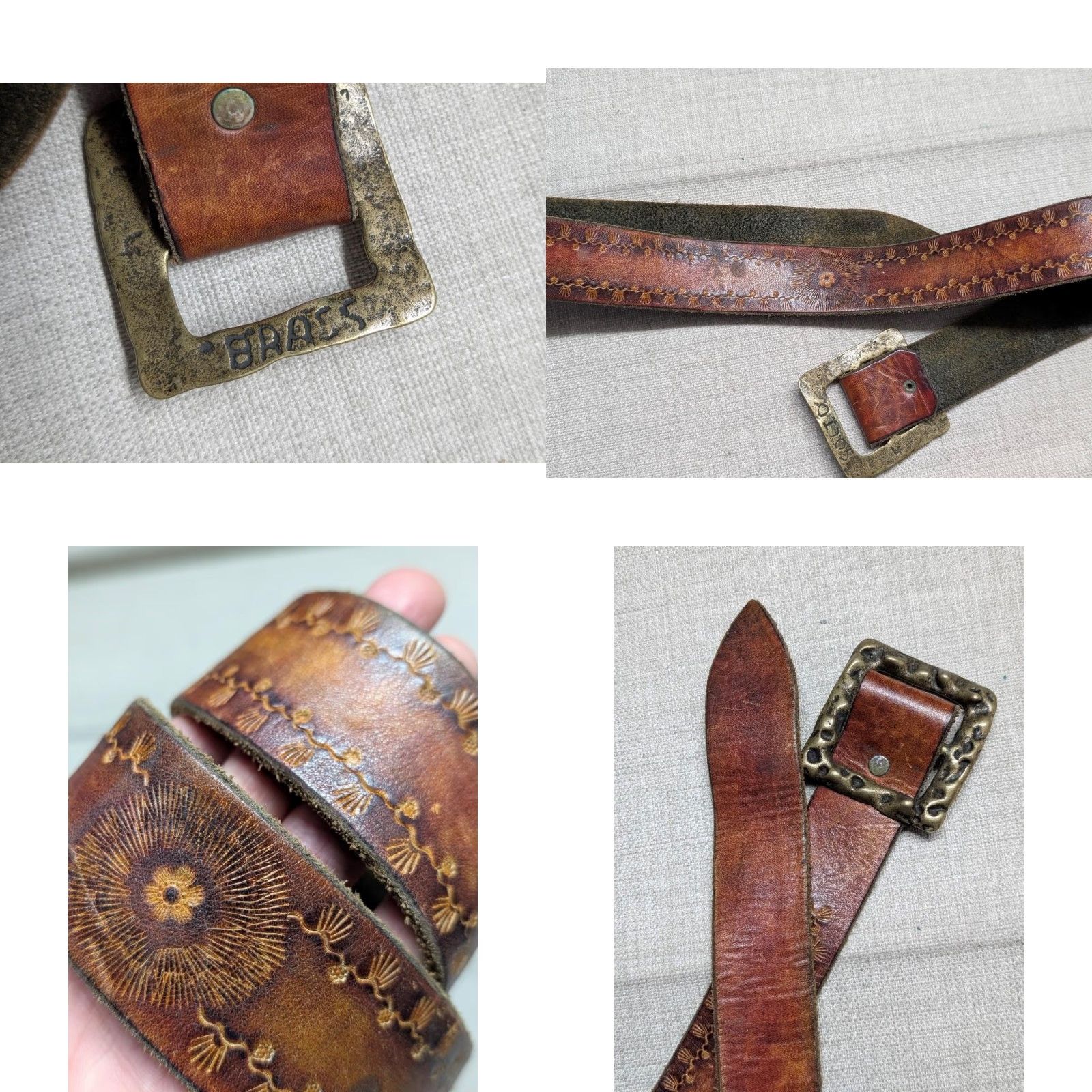 Vintage VINTAGE leather belt Western belt Tooled brown 30 30/32 1-5/8" Buckle snaps Mens 1970s Brutalist Hippie Boho Chenille Size 30 - 8 Thumbnail