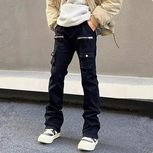Japanese Brand Zipper Black Flared Cargo Jeans Size US 30 / EU 46 - 2 Thumbnail