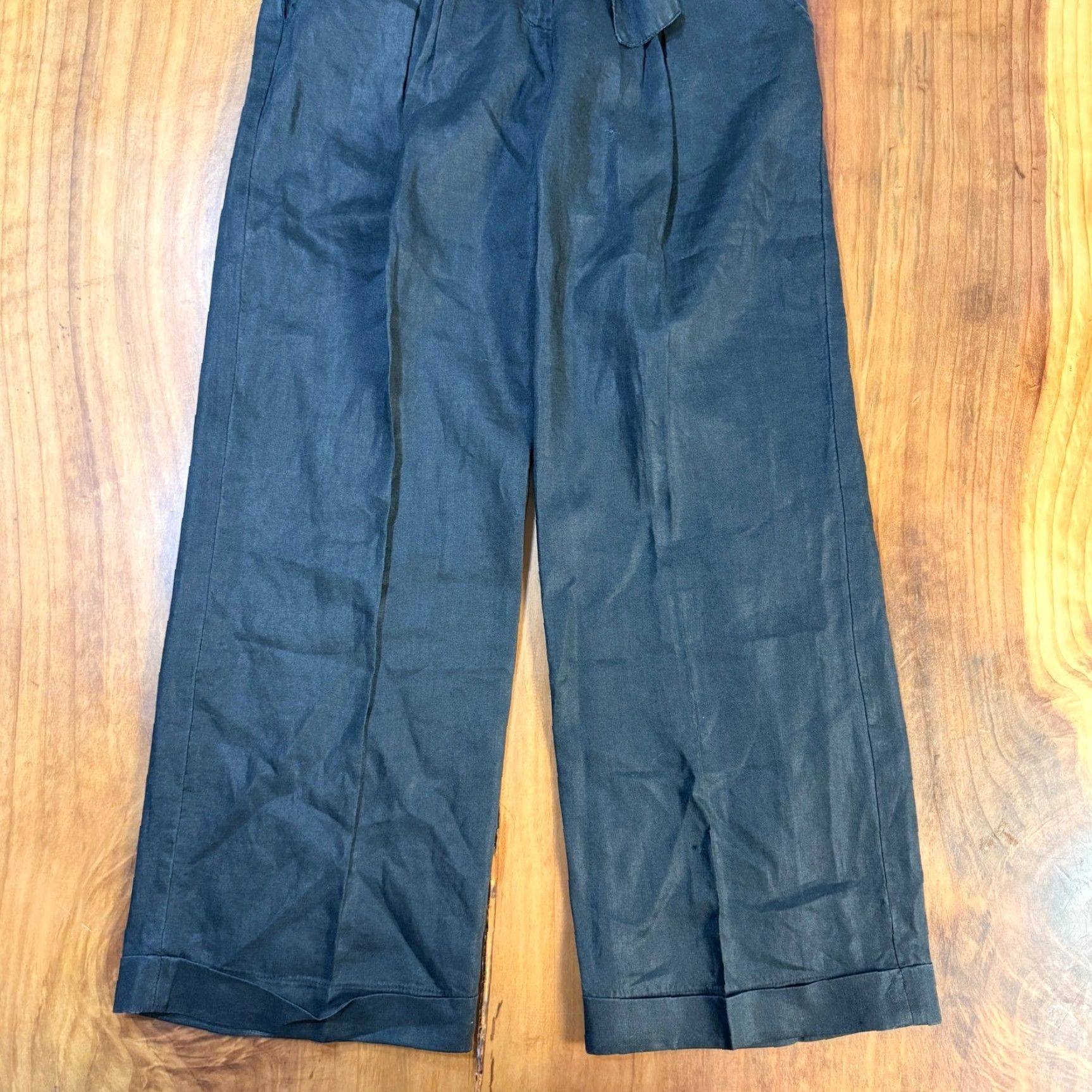 Vintage Saga Women's Pants 29 x 29 High Rise Linen Pleated Tie Paperbag Wide-Leg Bohemian Black Casual Size 29" - 2 Thumbnail
