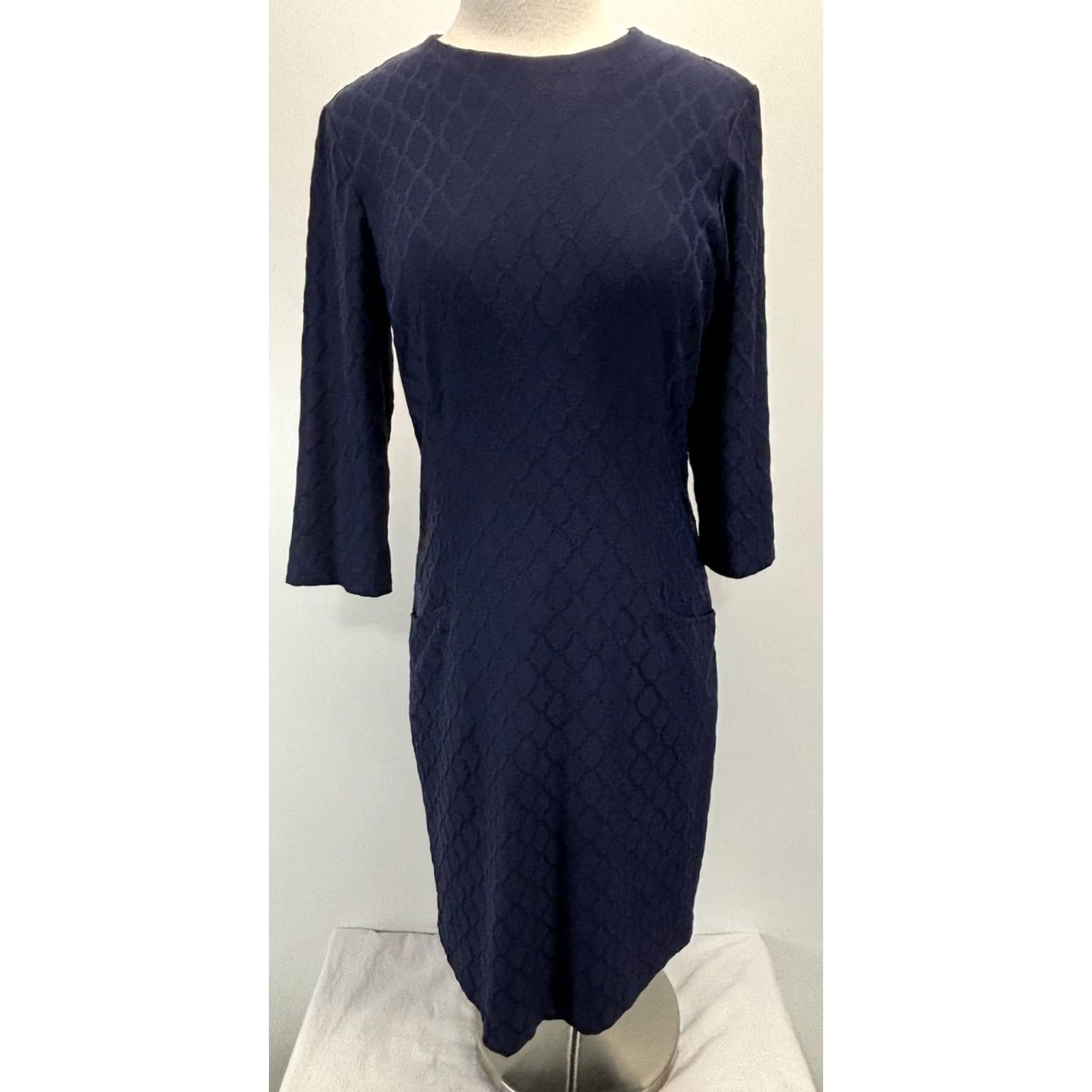 J.McLaughlin J. McLaughlin Dress Womens M Navy Blue Textured Catalina Cloth Pockets Career Dress Sheath Pockets Blue M Women's Vintage No Size M / US 6-8 / IT 42-44 - 2 Thumbnail