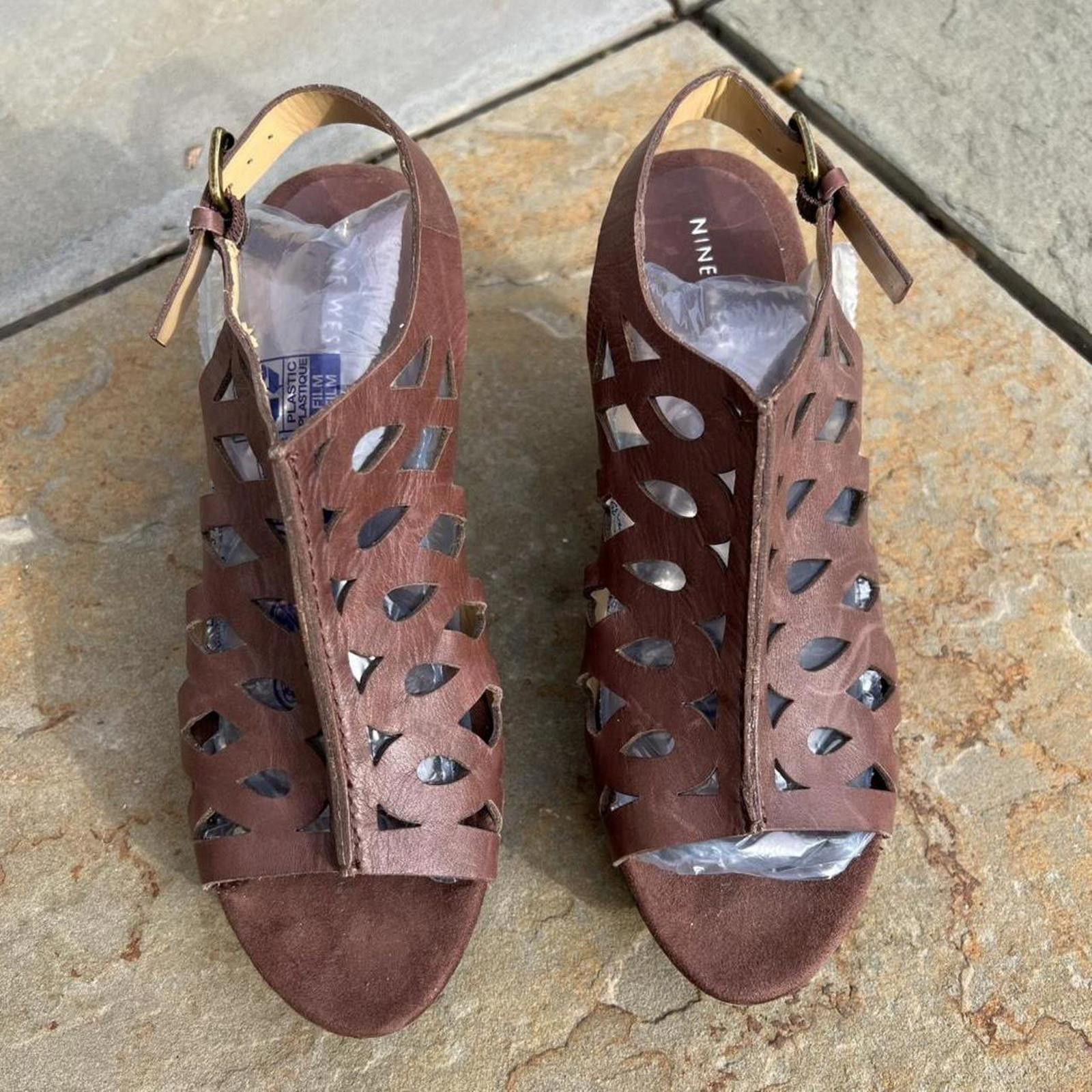 Nine West Dark Brown Leather Sandal Wedge High Heels Size US 7.5 / IT 37.5 - 3 Thumbnail