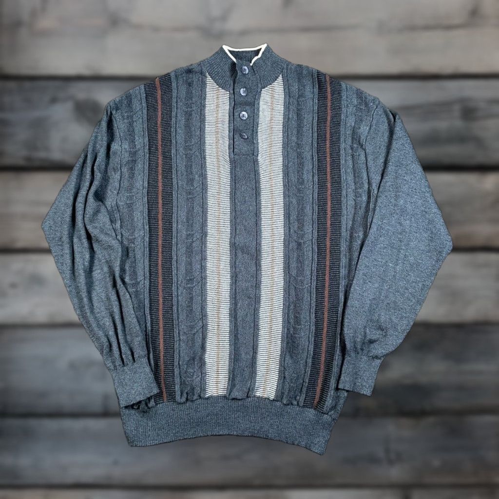 Vintage VINTAGE Steve Harvey Mock Neck Sweater Adult Large Gray Striped Casual Dad Style Mens Size US L / EU 52-54 / 3 - 1 Thumbnail