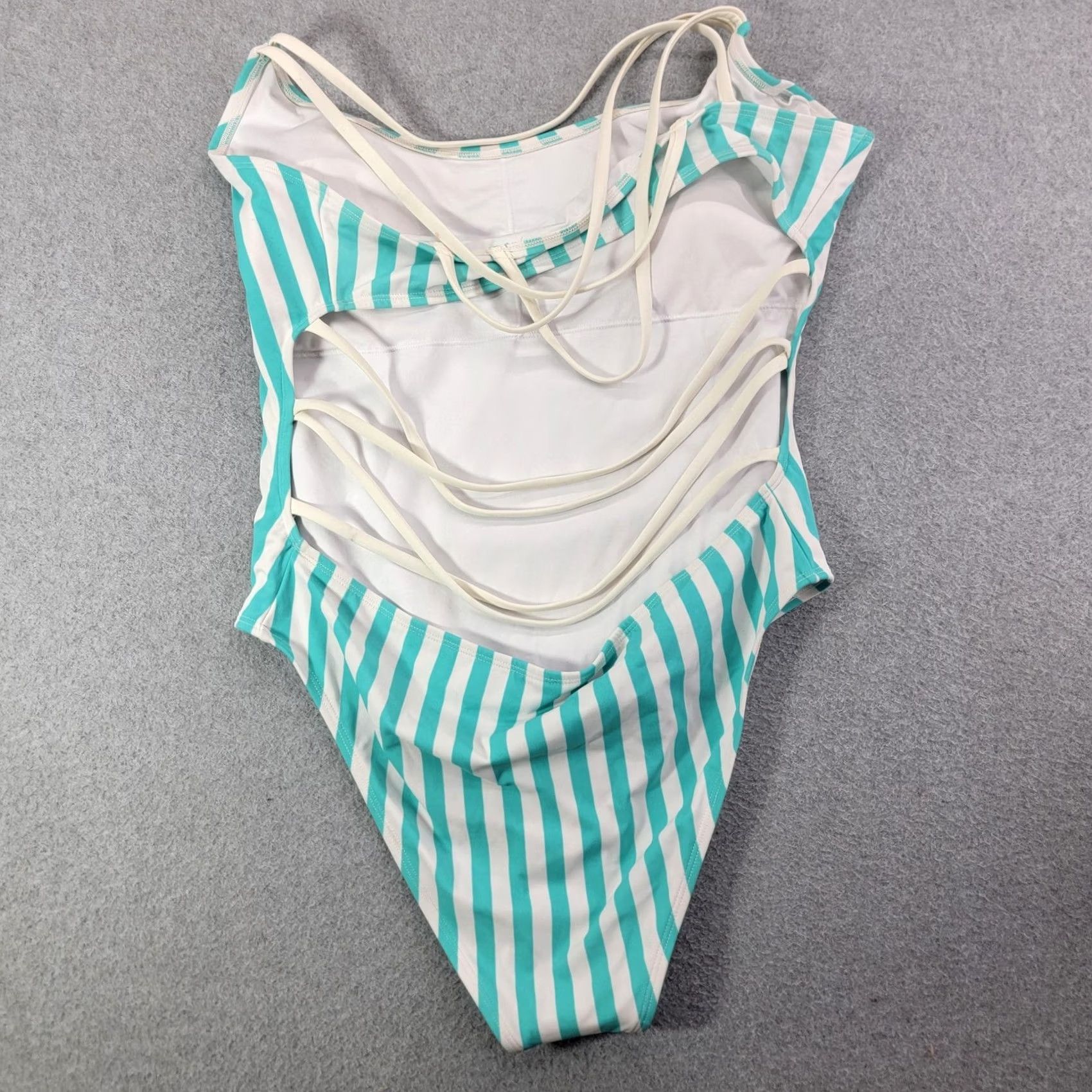 Forever 21 FOREVER 21 Swimwear One Piece Womens 0X Green Striped Lined Backless Spaghetti Strappy Plus Size Size ONE SIZE - 5 Thumbnail