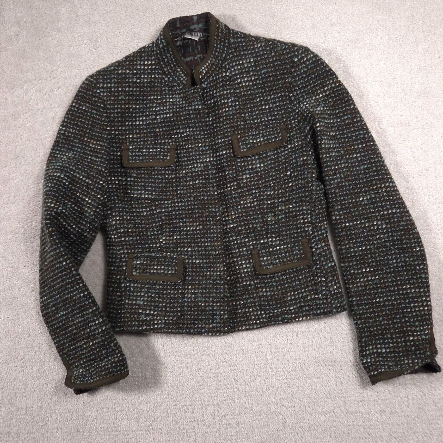 Vintage Peter Nygard Blazer Womens 4 Green Tweed Silk Lined Button Front Short Jacket Size 27" / US 4 / IT 40 - 3 Thumbnail