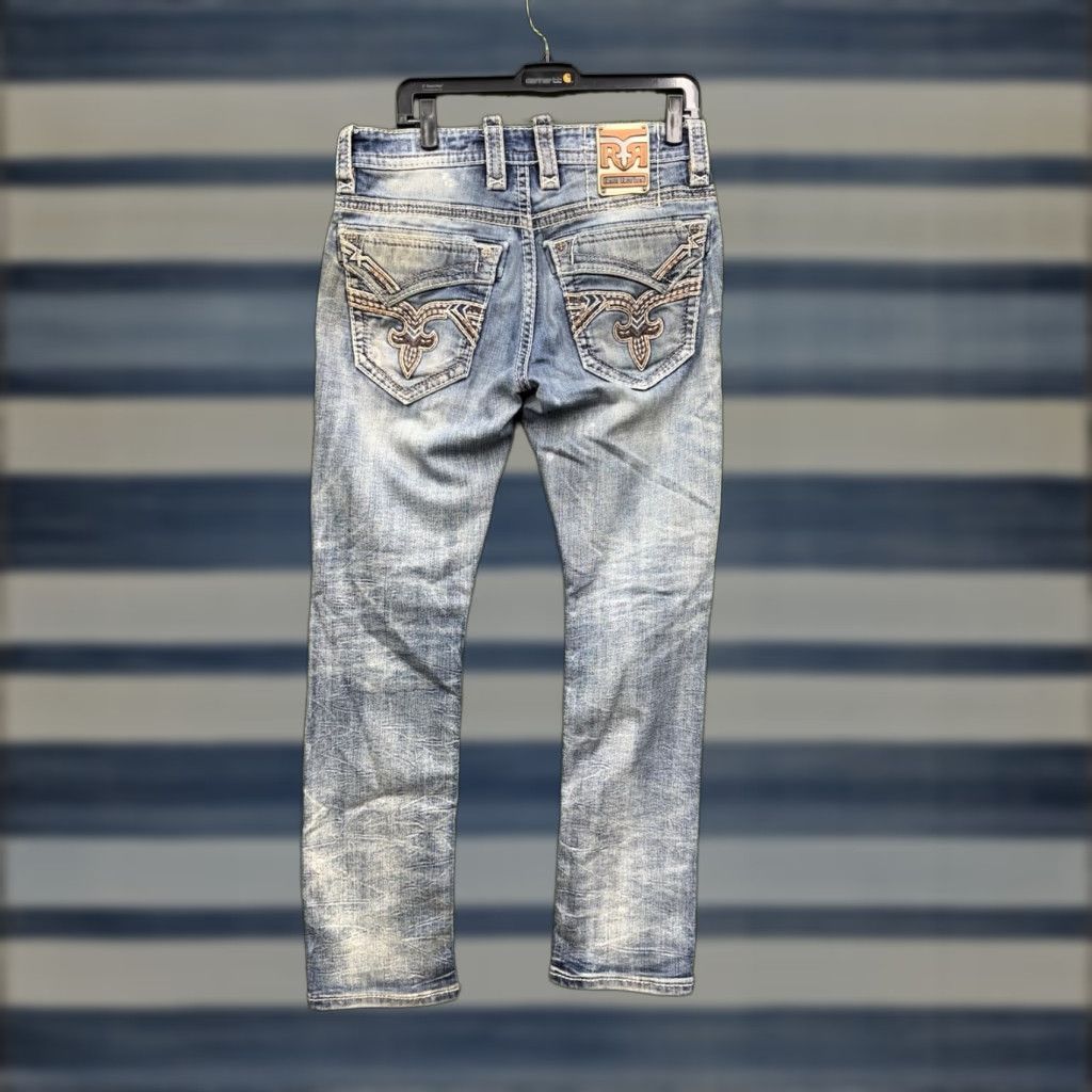Vintage Rock Revival Jeans Men 31 Blue Priam Straight Denim 5-Pocket Distressed Regular Fit USA Rock Grunge Style Pants Size US 31 - 1 Thumbnail