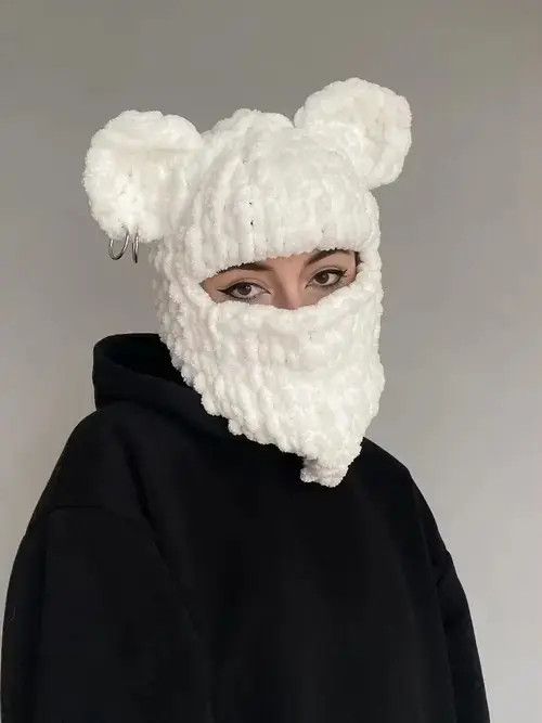 Japanese Brand Dear Balaclava . Knitted ski mask with ears. White face mask Size ONE SIZE - 2 Thumbnail