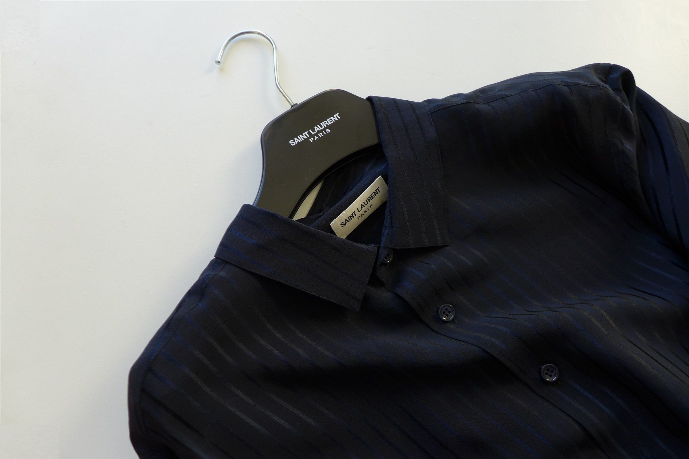 Saint Laurent Paris Saint Laurent Navy Stripe Silk Shirt Size US XL / EU 56 / 4 - 8 Thumbnail