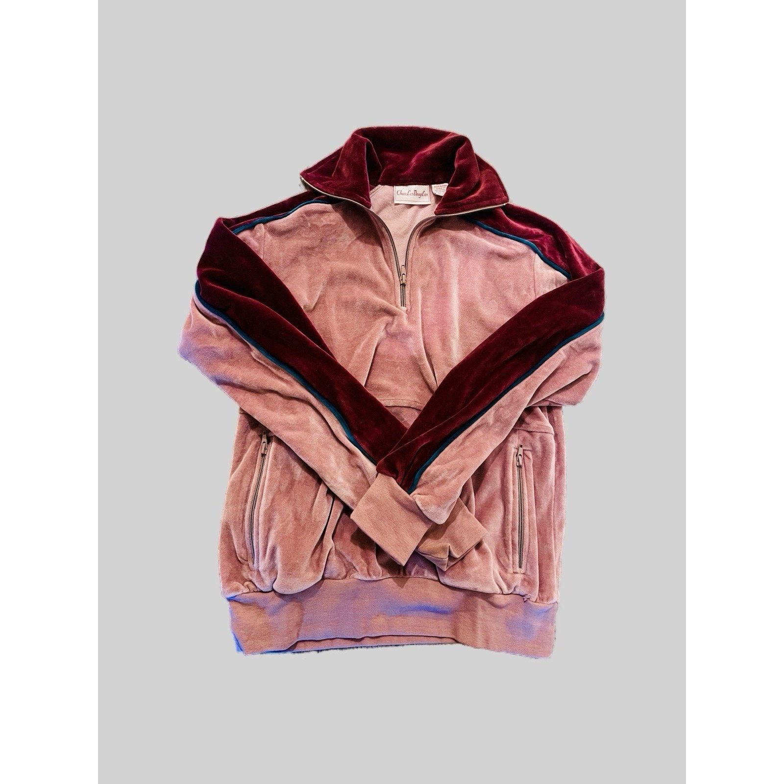 Vintage Vintage 70s Velvet Tracksuit Zip Jacket Mauve Maroon Green Size M / US 6-8 / IT 42-44 - 1 Thumbnail
