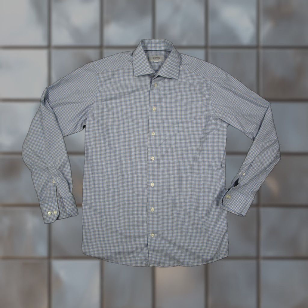 Eton ETON Dress Shirt Mens 15.5 39 Blue Check Contemporary Button Up Twill 100% Cotton Casual Business Size 40R - 1 Thumbnail