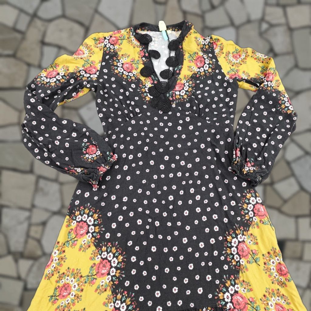 Farm Rio Farm Rio Dress Women XS Black Yellow Floral Blocked Maxi Long Sleeve Boho Anthro Size XS / US 0-2 / IT 36-38 - 1 Thumbnail