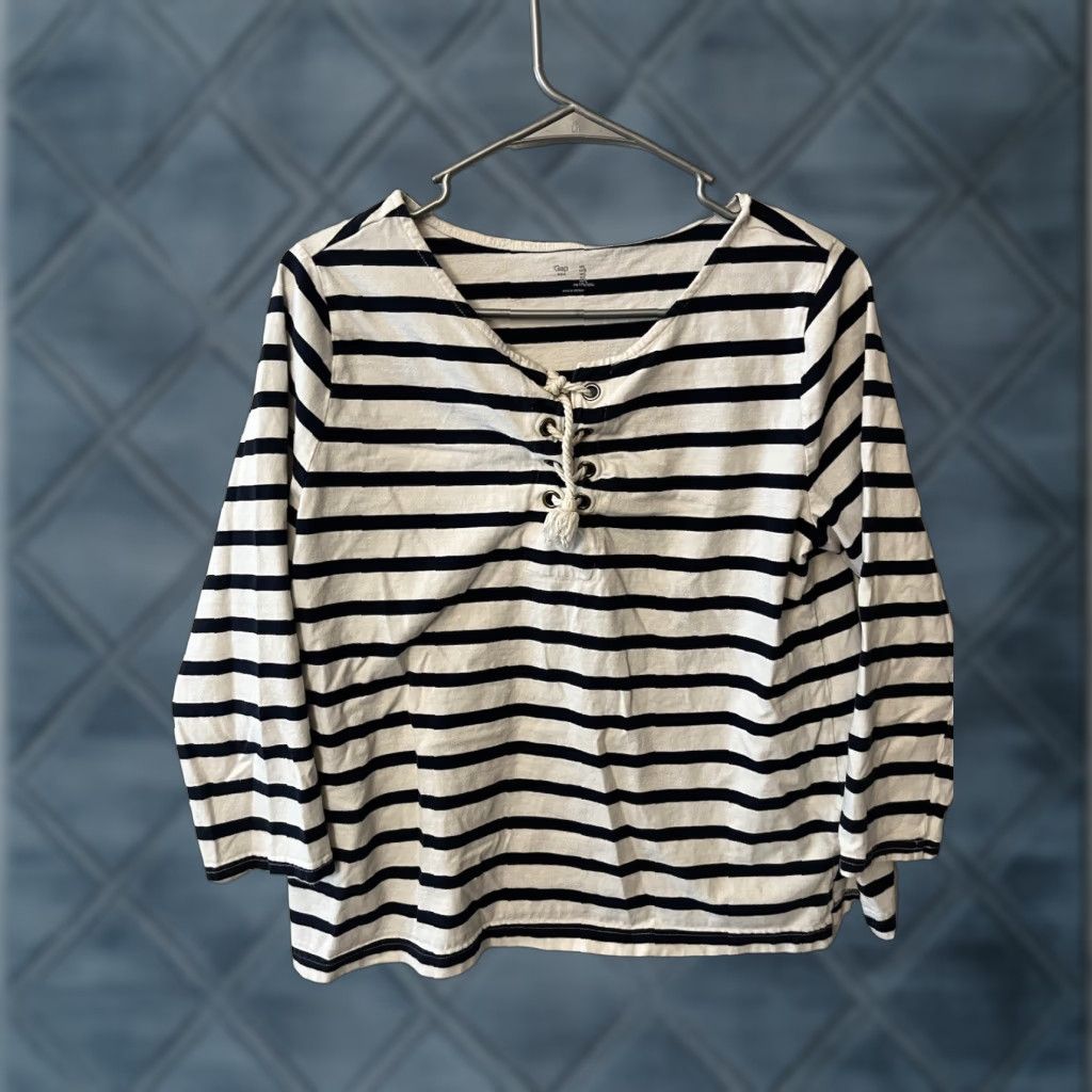 Gap Gap Women's Large Blue White Striped Lace Up 3/4 Sleeve Cotton T-Shirt Casual Size L / US 10 / IT 46 - 1 Thumbnail