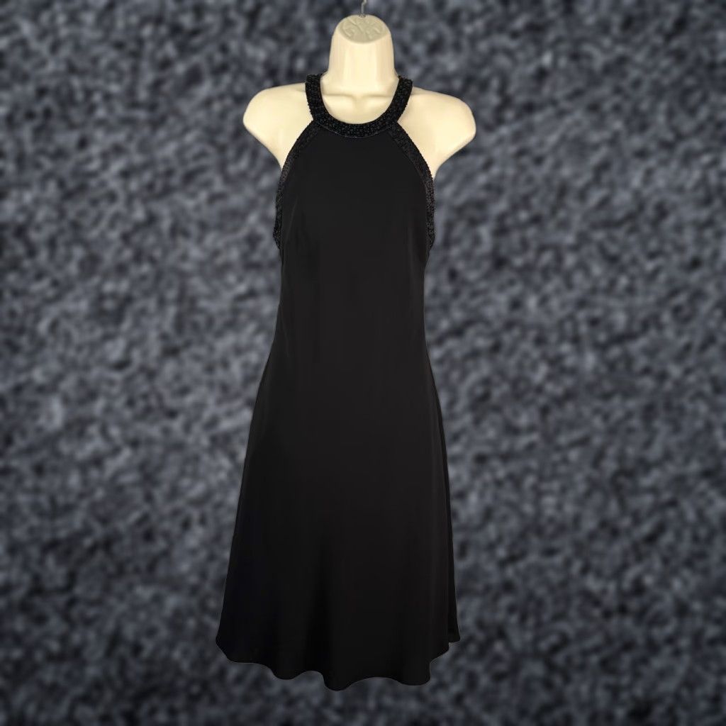 Jones New York Dress Womens 6 Black Cocktail Formal Bead Sequin Silk Trim Sleeve: Sleeveless Zip Dry Clean Only Knee Length Party/Cocktail Wedding