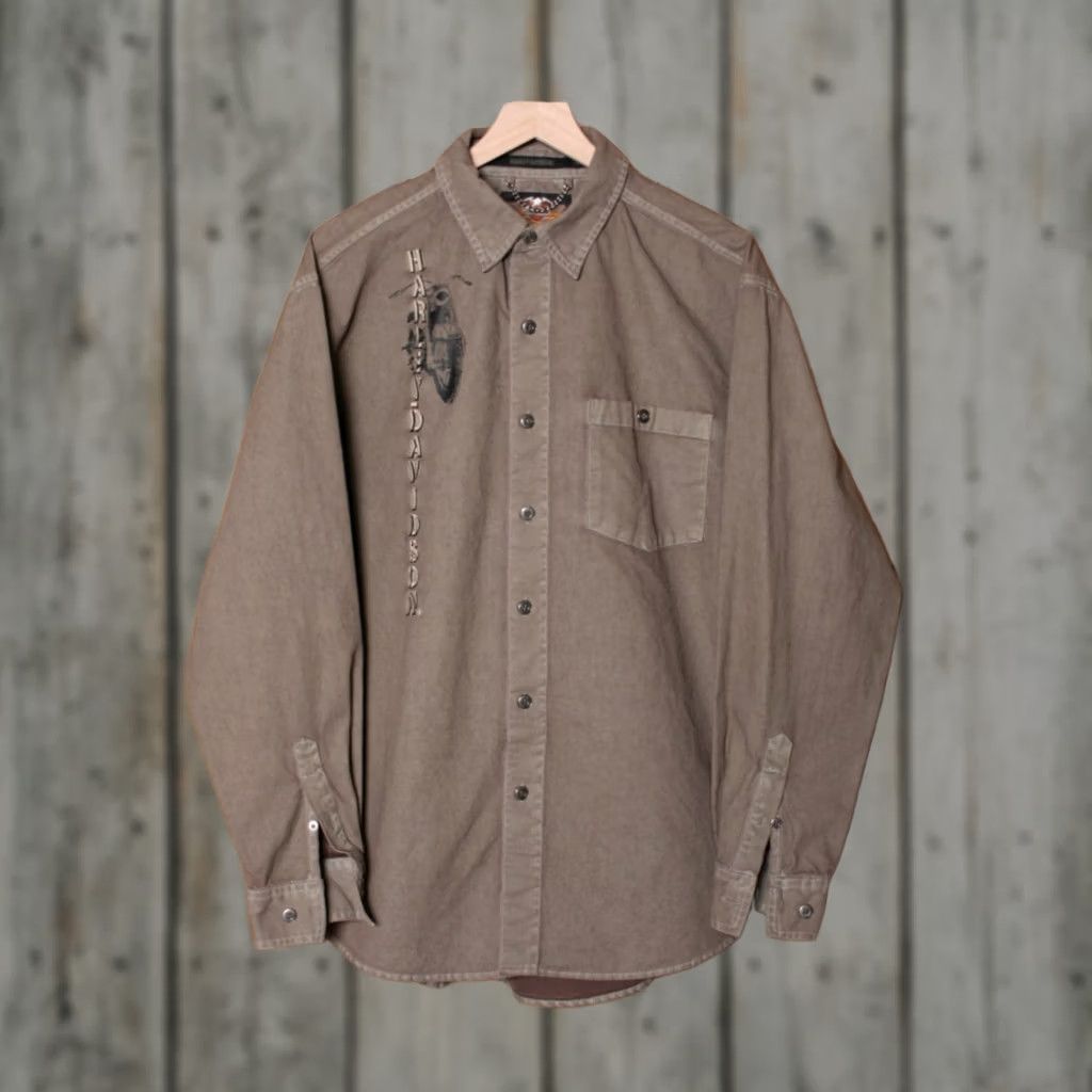 Harley Davidson VINTAGE Harley-Davidson Waxed Cotton Embroidered Graphic Button-Up Shirt Sz. L Men Brown Cotton Long Sleeve Button-Up Vintage 90s? Size US L / EU 52-54 / 3 - 1 Thumbnail