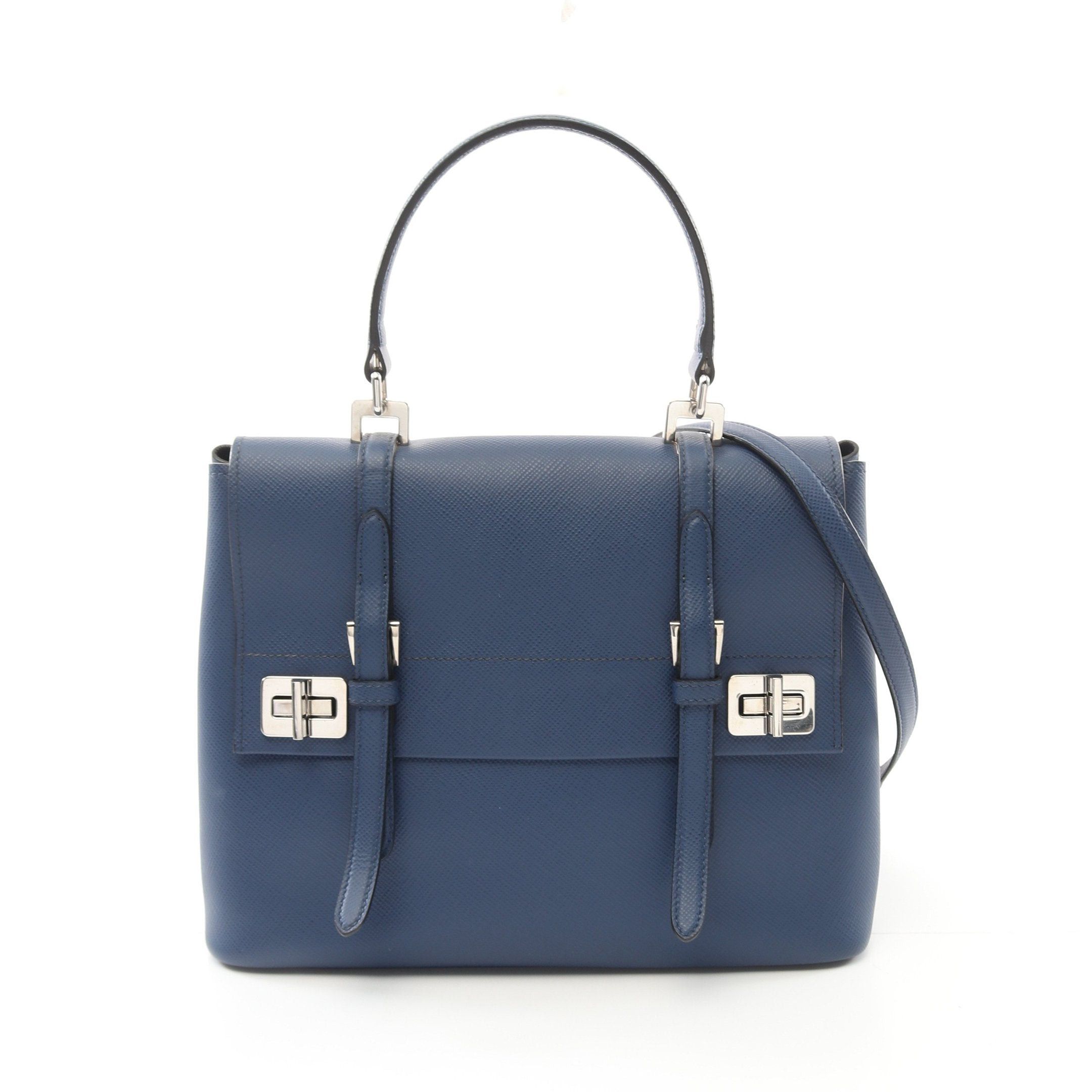 Prada Prada Saffiano Cuir Handbag Leather Navy Size ONE SIZE - 1 Thumbnail