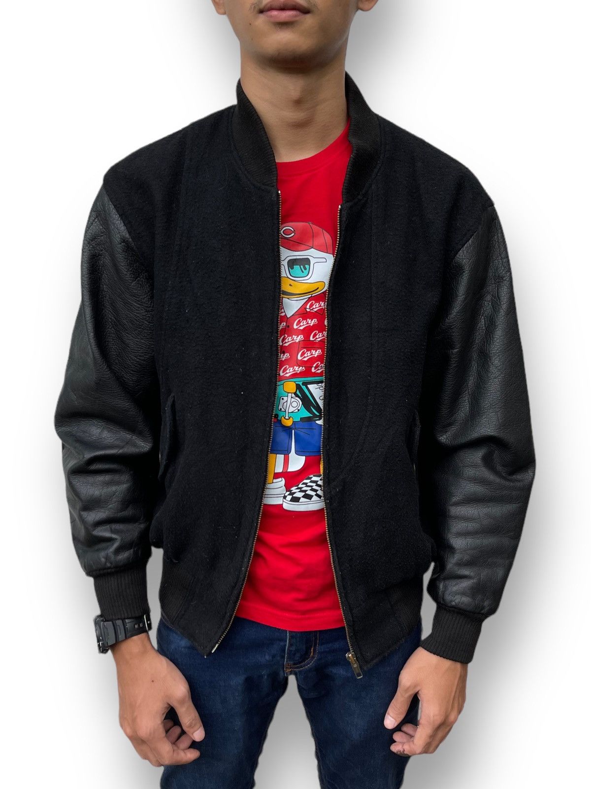 Issey Miyake 🔥Vintage 80's Steam Boat Japan Leather Sleeve Bomber Jacket Size US M / EU 48-50 / 2 - 2 Thumbnail