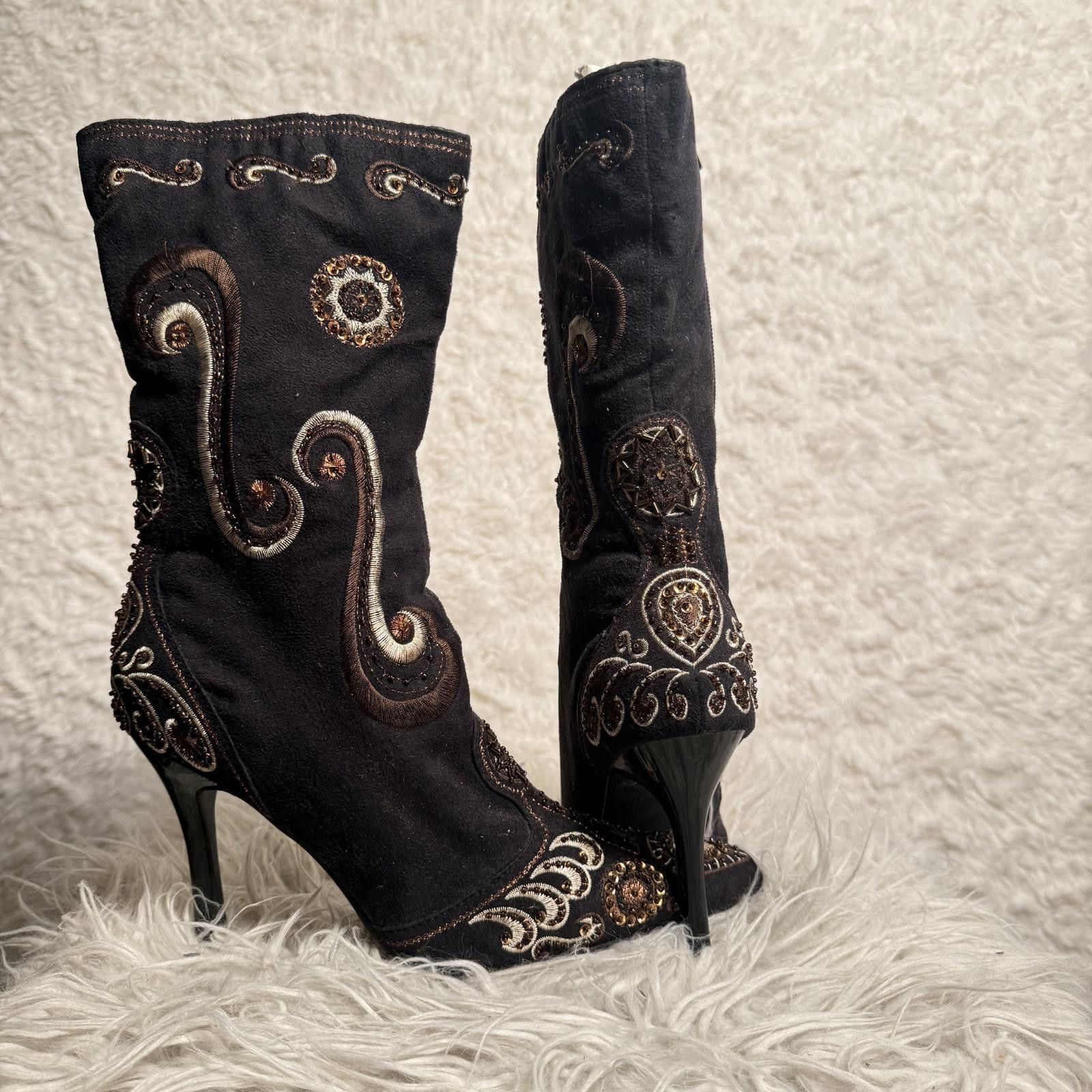 Other ANTONIO MELANI Milano Brown Mid Calf Beaded Heeled Boots 8.5 Size US 8.5 / IT 38.5 - 2 Thumbnail