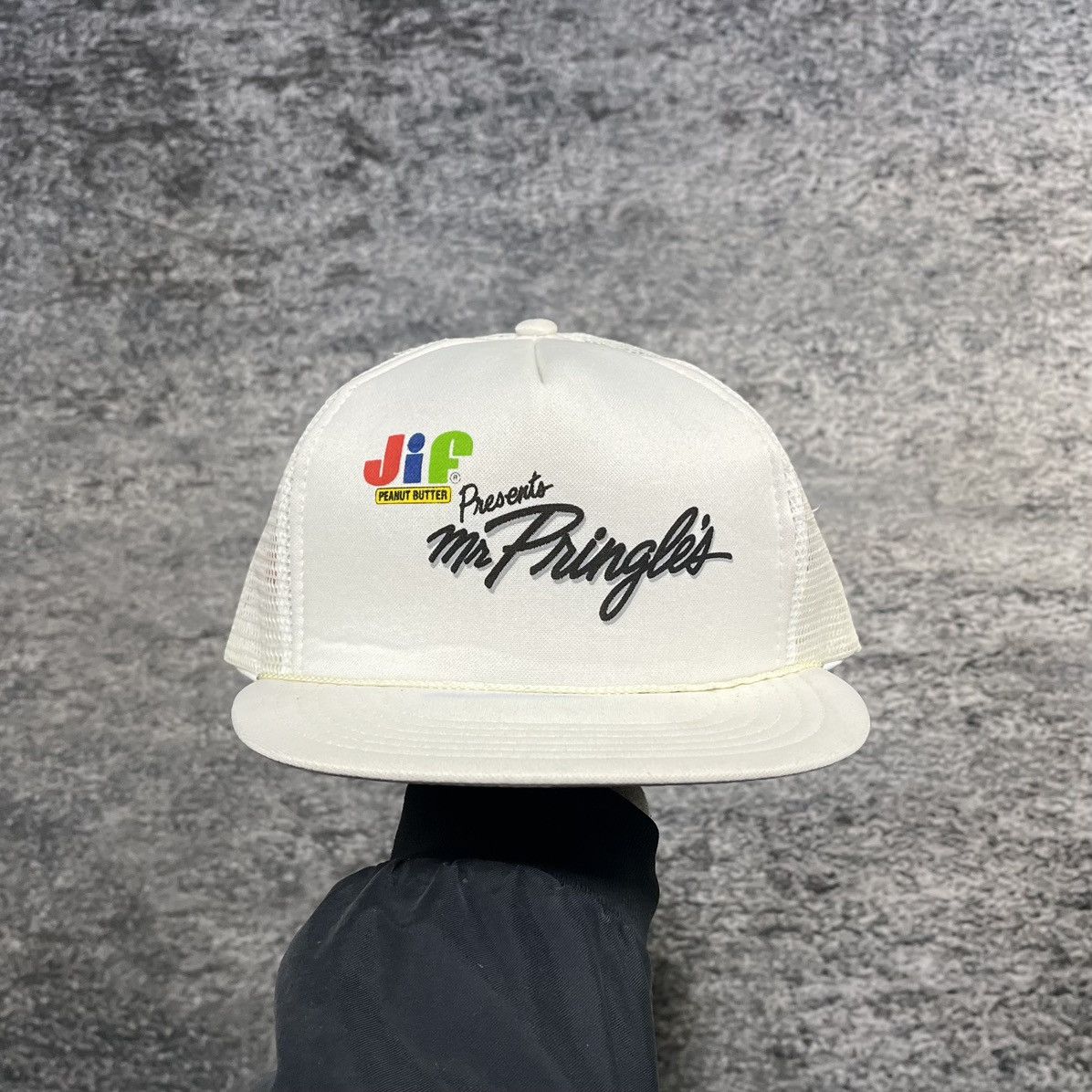 Vintage Vintage Jif Peanut Butter Mr Pringles Snapback Trucker Hat Size ONE SIZE - 1 Thumbnail