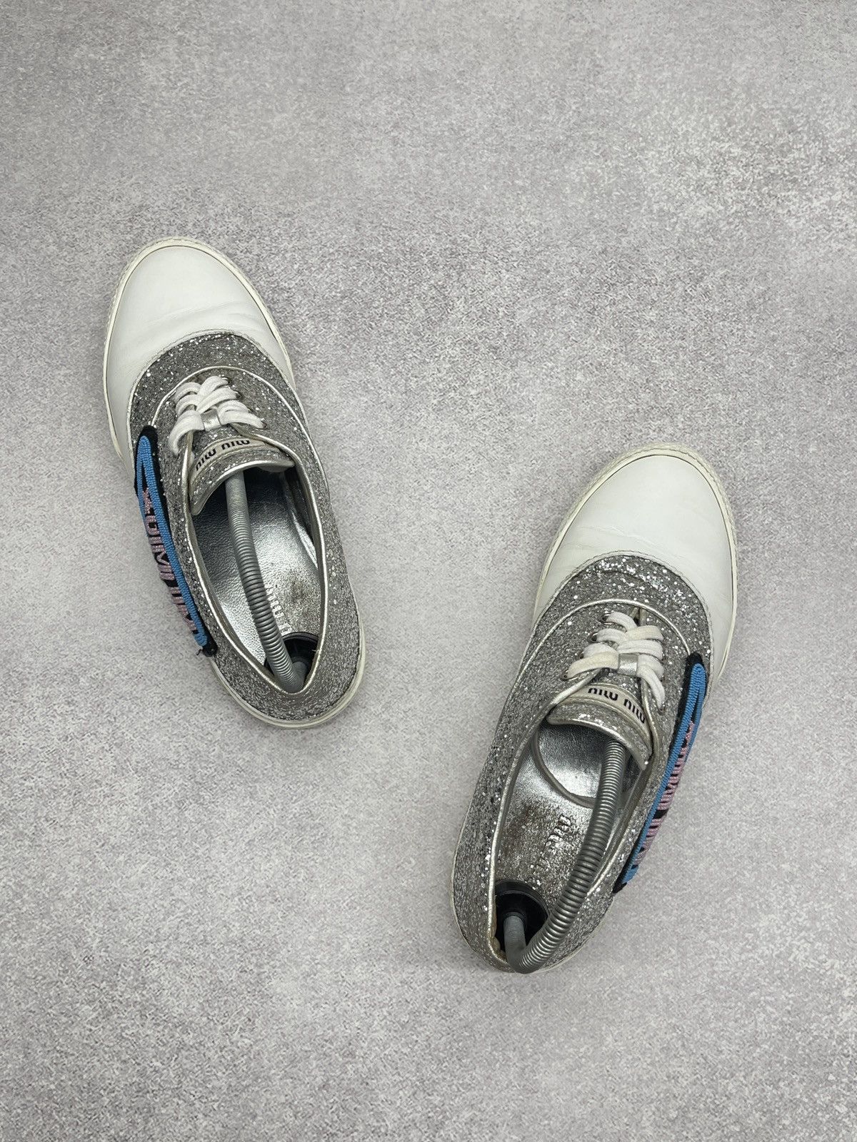 Miu Miu Miu Miu Leather Low Top Sneakers White/Glitter Silver Luxury Size US 7 / IT 37 - 9 Thumbnail