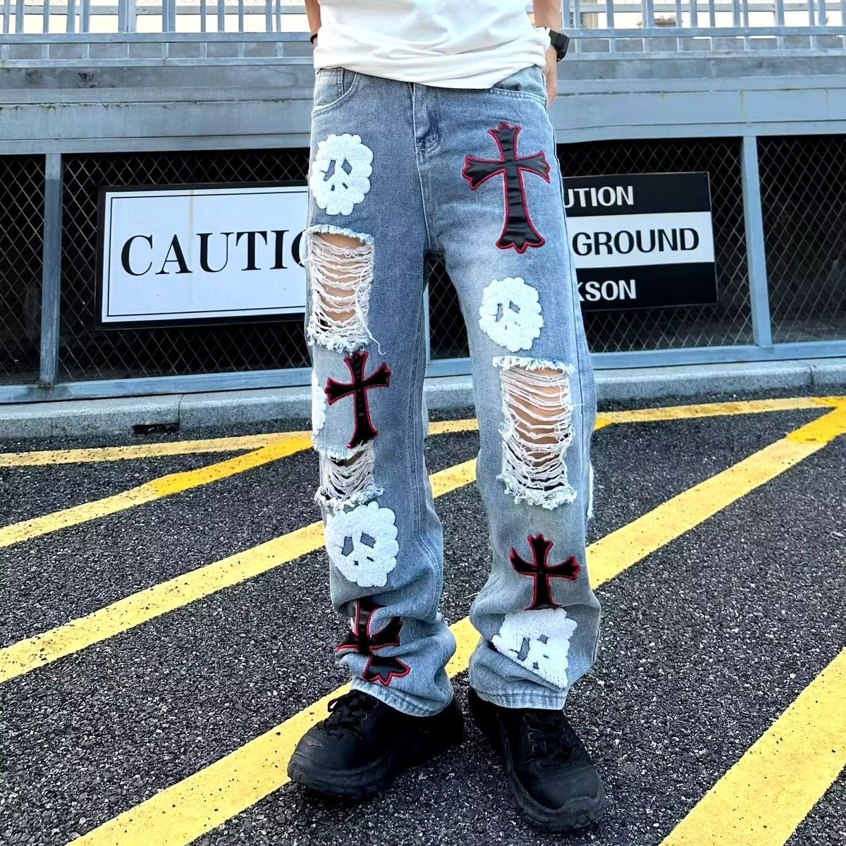 Designer × Jean High street heavy embroidered ripped straight cross jeans Size US 32 / EU 48 - 1 Thumbnail