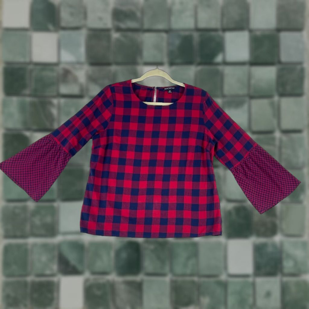 J.Crew J. Crew Mercantile Shirt Womens Size 10 Red Blue Check Bell Sleeve Shirt Size L / US 10 / IT 46 - 1 Thumbnail