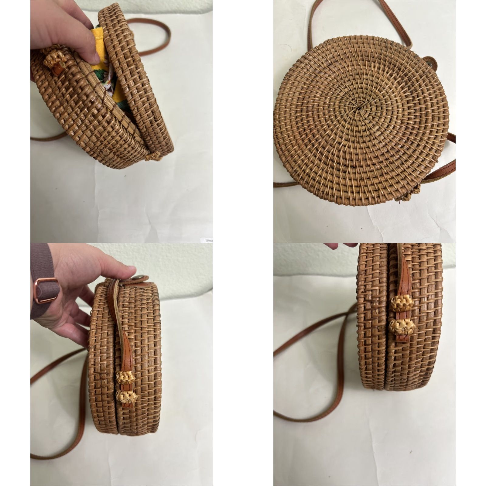 Vintage VINTAGE? No. (Not Vintage) Rattan Straw Bag Wicker Purse Round Crossbody Leather Strap Boho Size ONE SIZE - 9 Thumbnail