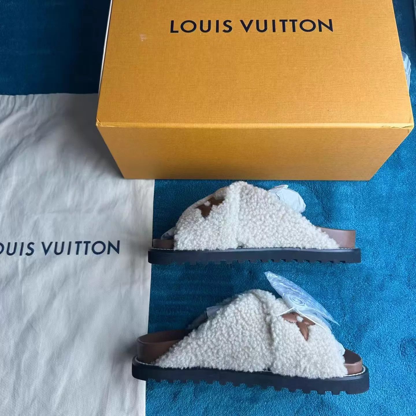Louis Vuitton LV Paseo Comfort Teddy Fleece Slide Tan 38 Worn Once, Accs Size US 7.5 / IT 37.5 - 2 Thumbnail