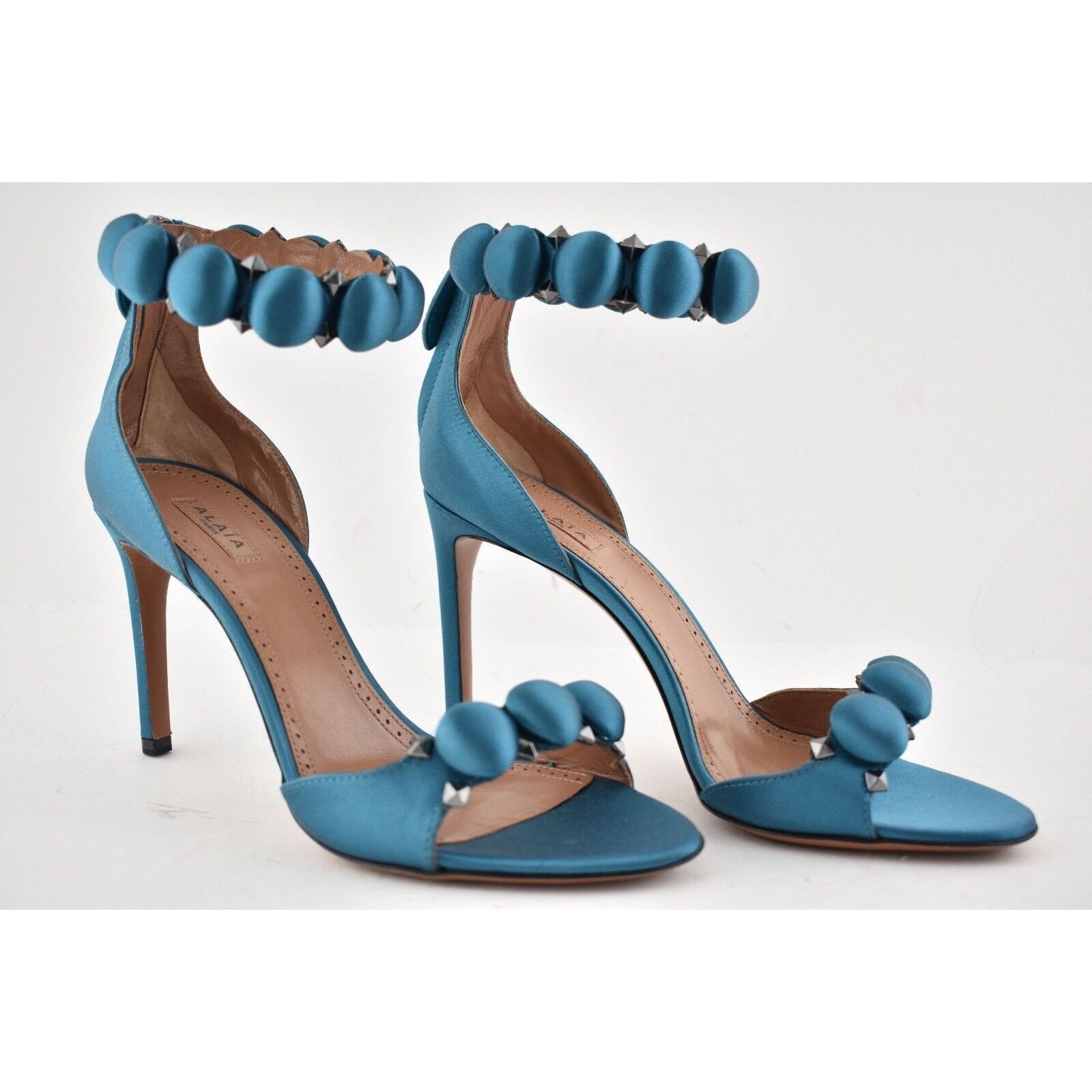 Alaia 90mm Canard Satin Studded Ankle Strap Sandal Heel Pump 37.5 Size US 7.5 / IT 37.5 - 3 Thumbnail