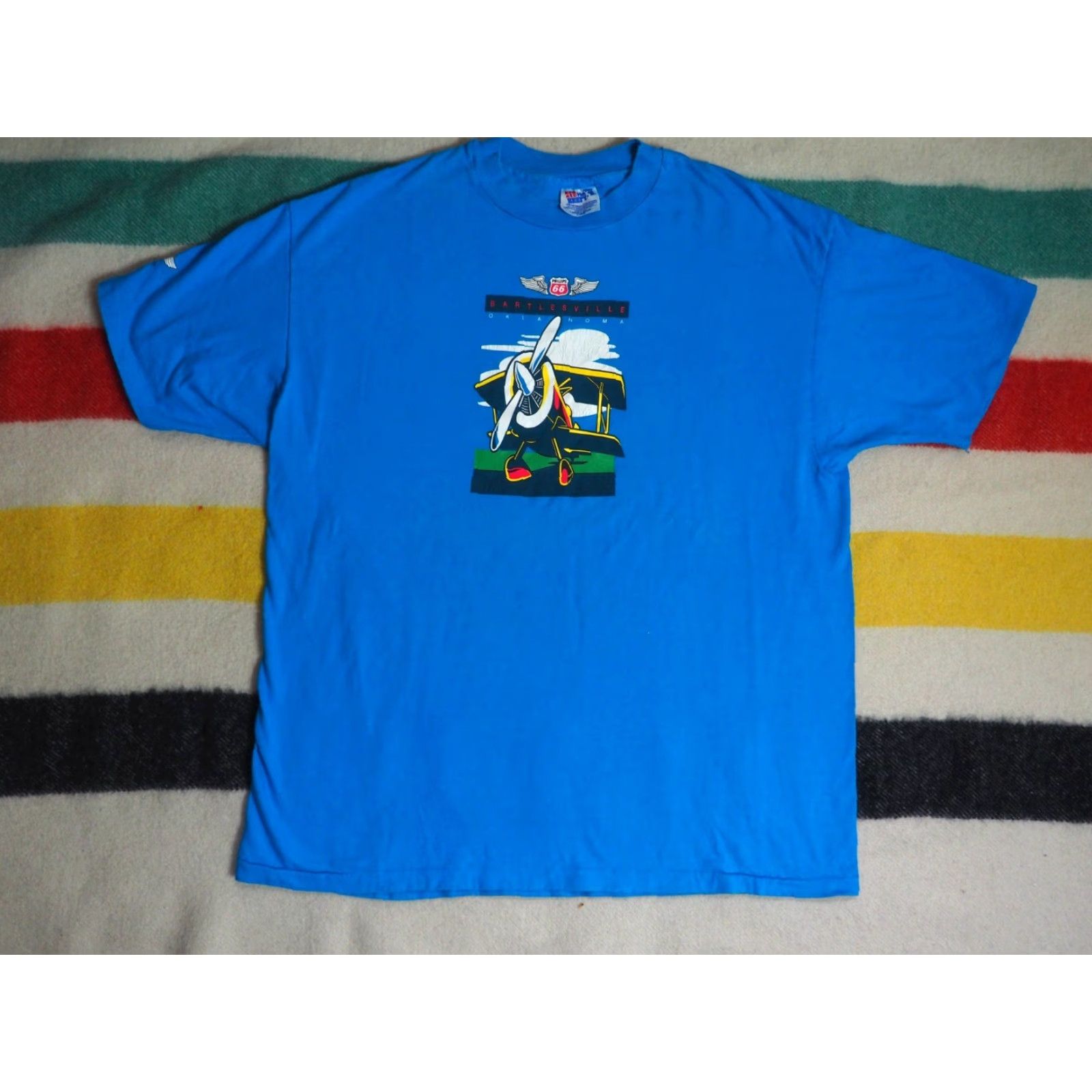 Hanes VTG Hanes Phillips 66 Oklahoma Aviation Airplane USA Blue Tee T-Shirt XL Shirt Mens 90s Graphic Cotton Short Sleeve Vintage Size US XL / EU 56 / 4 - 3 Thumbnail