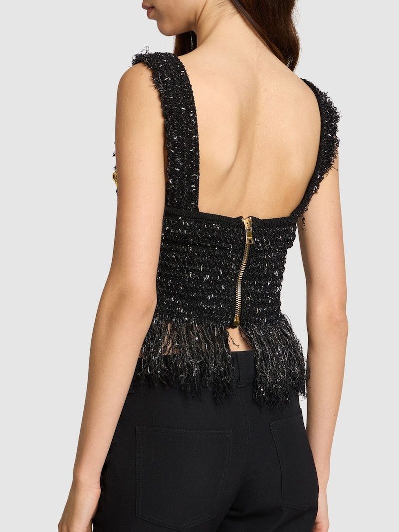 Balmain o1s1wg110825 Glittered Tweed Square Neck Top in Black Size XL / US 12-14 / IT 48-50 - 4 Thumbnail