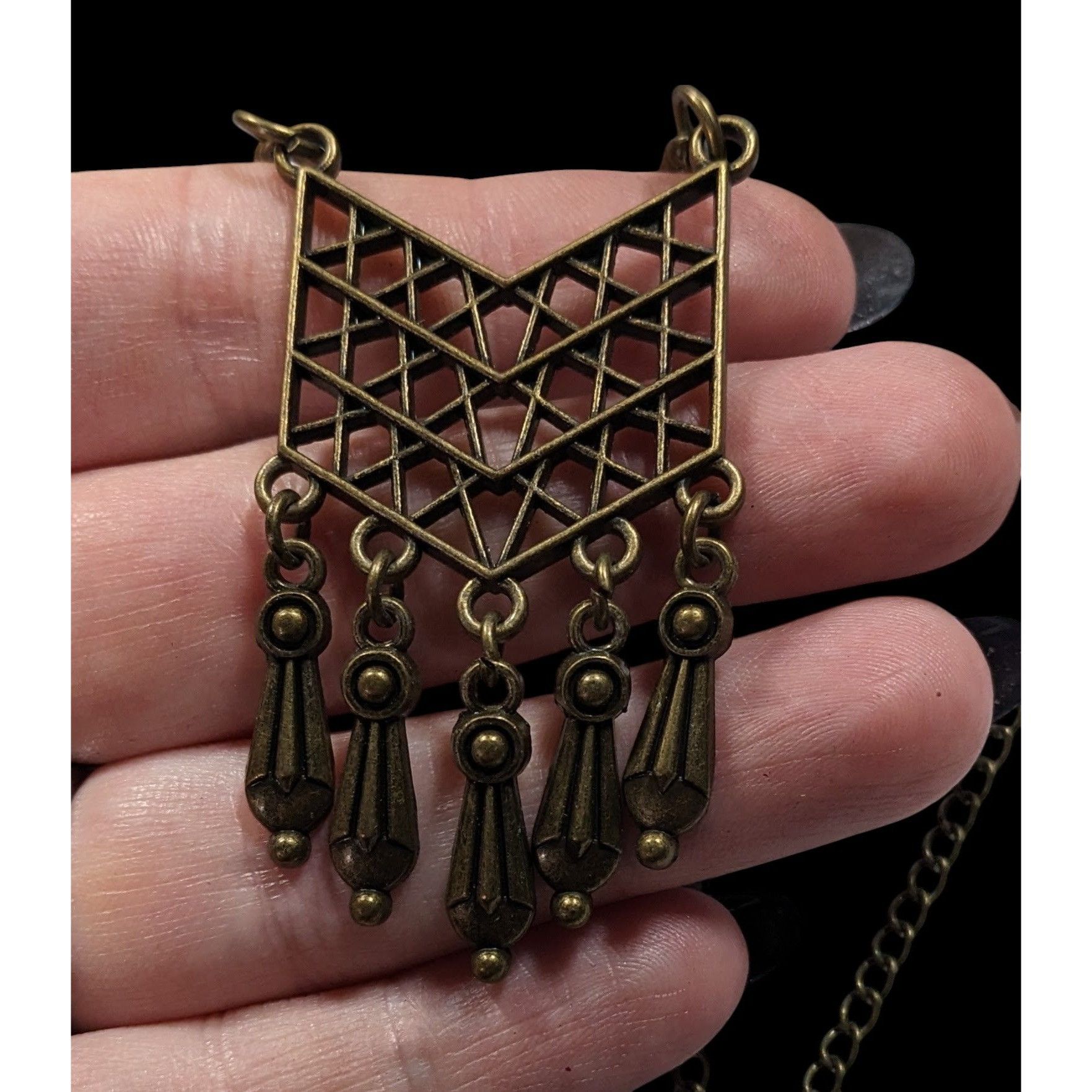 Other Bohemian Geometric Antiqued Gold Tone Fringe Pendant Necklac Size ONE SIZE - 3 Thumbnail
