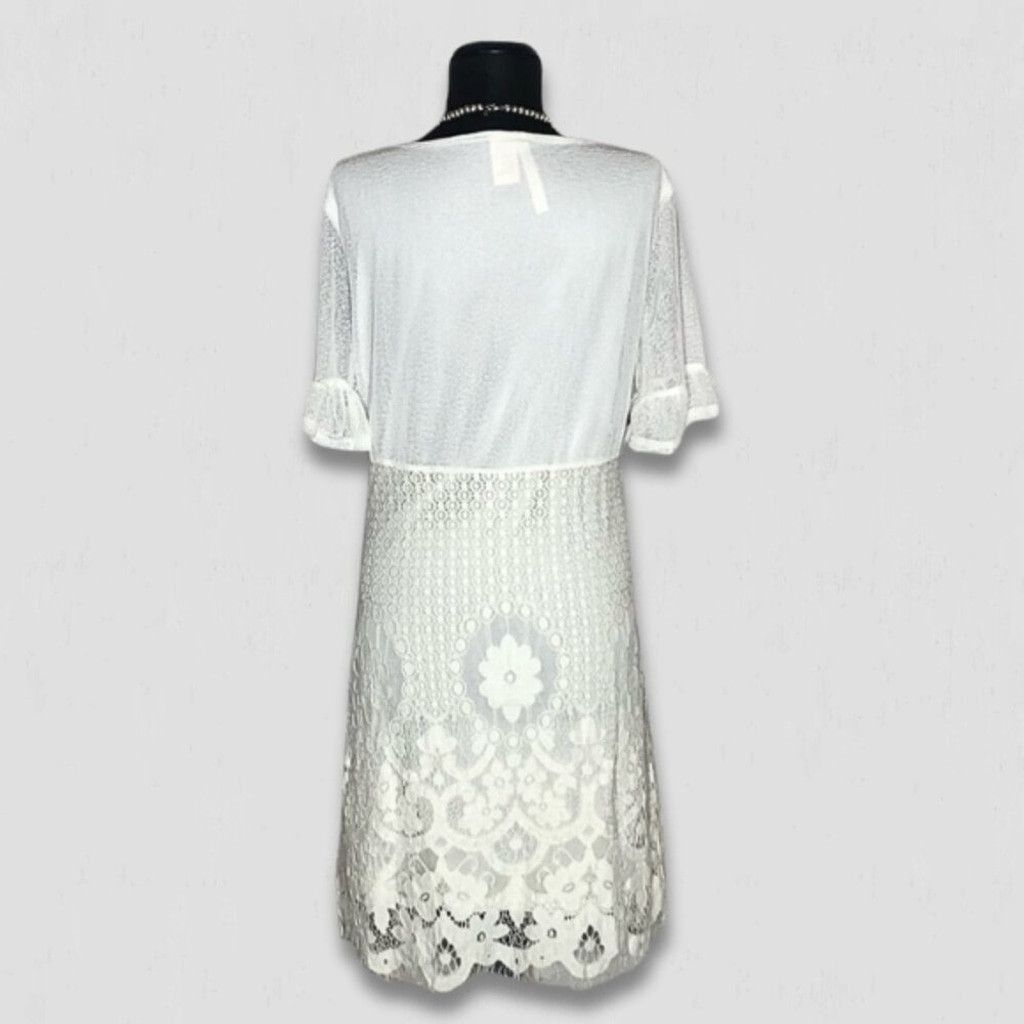 Vintage Y2K-Style Dress Fluttered Sleeves Sheer Lace Floral White M Size L / US 10 / IT 46 - 2 Thumbnail